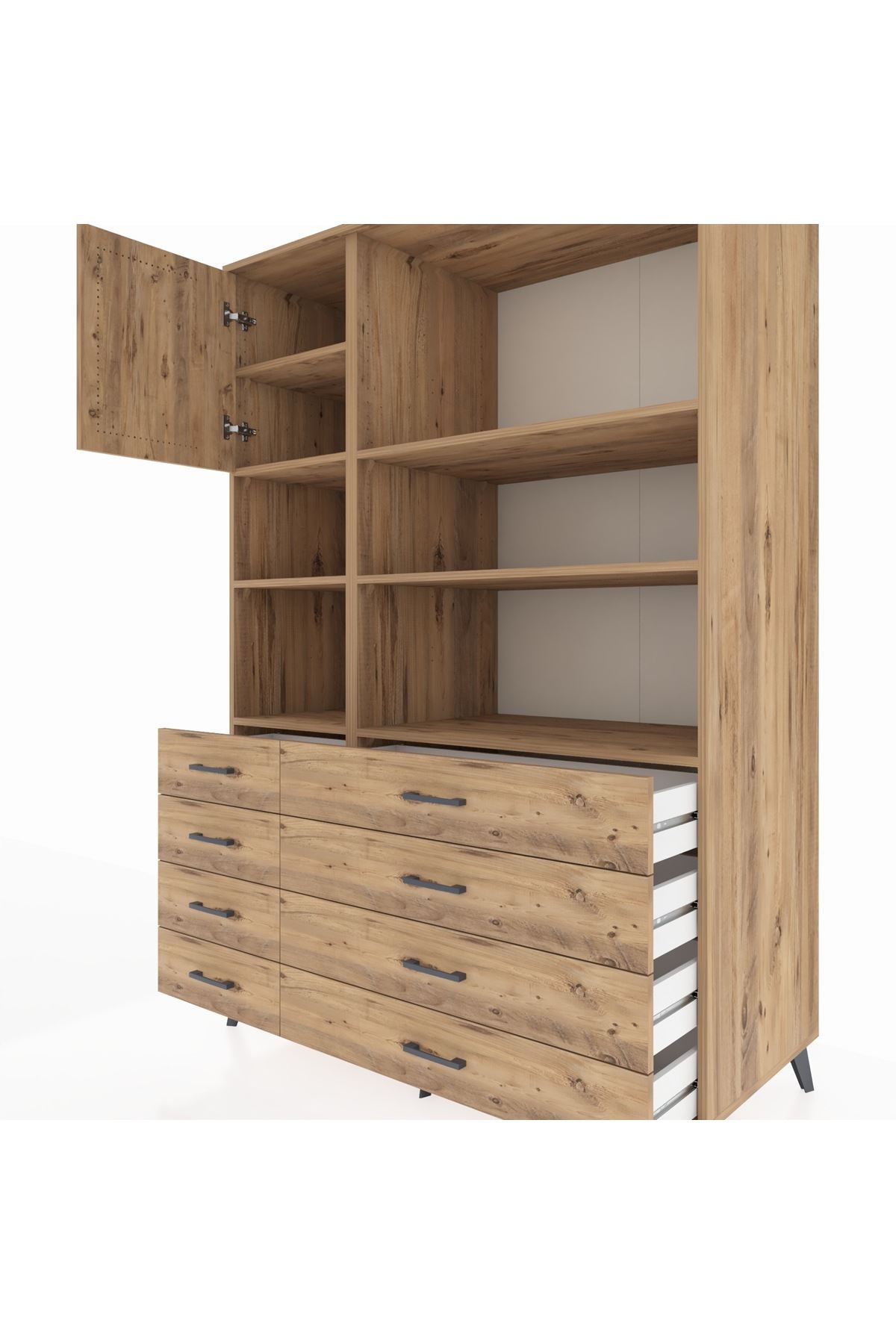 Kronos Dolap 7 Raflı 8 Çekmeceli Tek Kapaklı 132x59x195 Çam-Çam/Çam