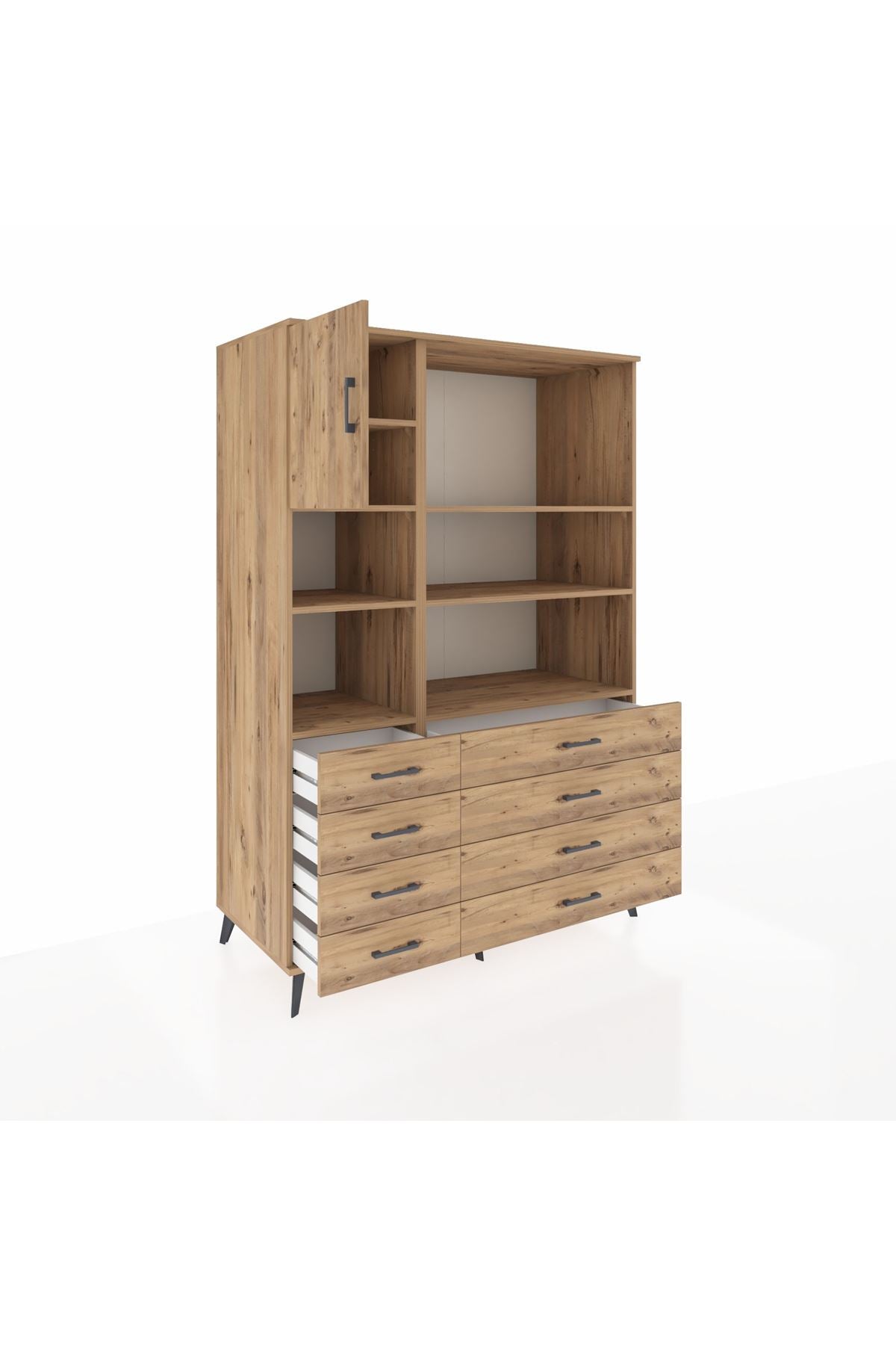 Kronos Dolap 7 Raflı 8 Çekmeceli Tek Kapaklı 132x59x195 Çam-Çam/Çam