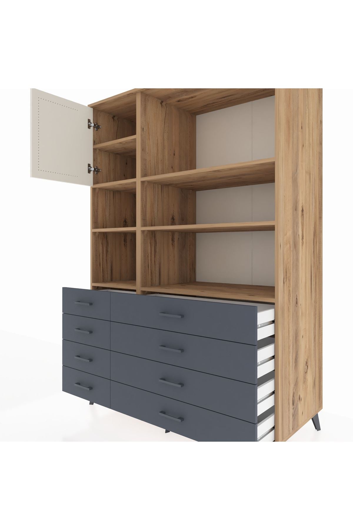 Kronos Dolap 7 Raflı 8 Çekmeceli Tek Kapaklı 132x59x195 Çam-Aytaşı/Antrasit