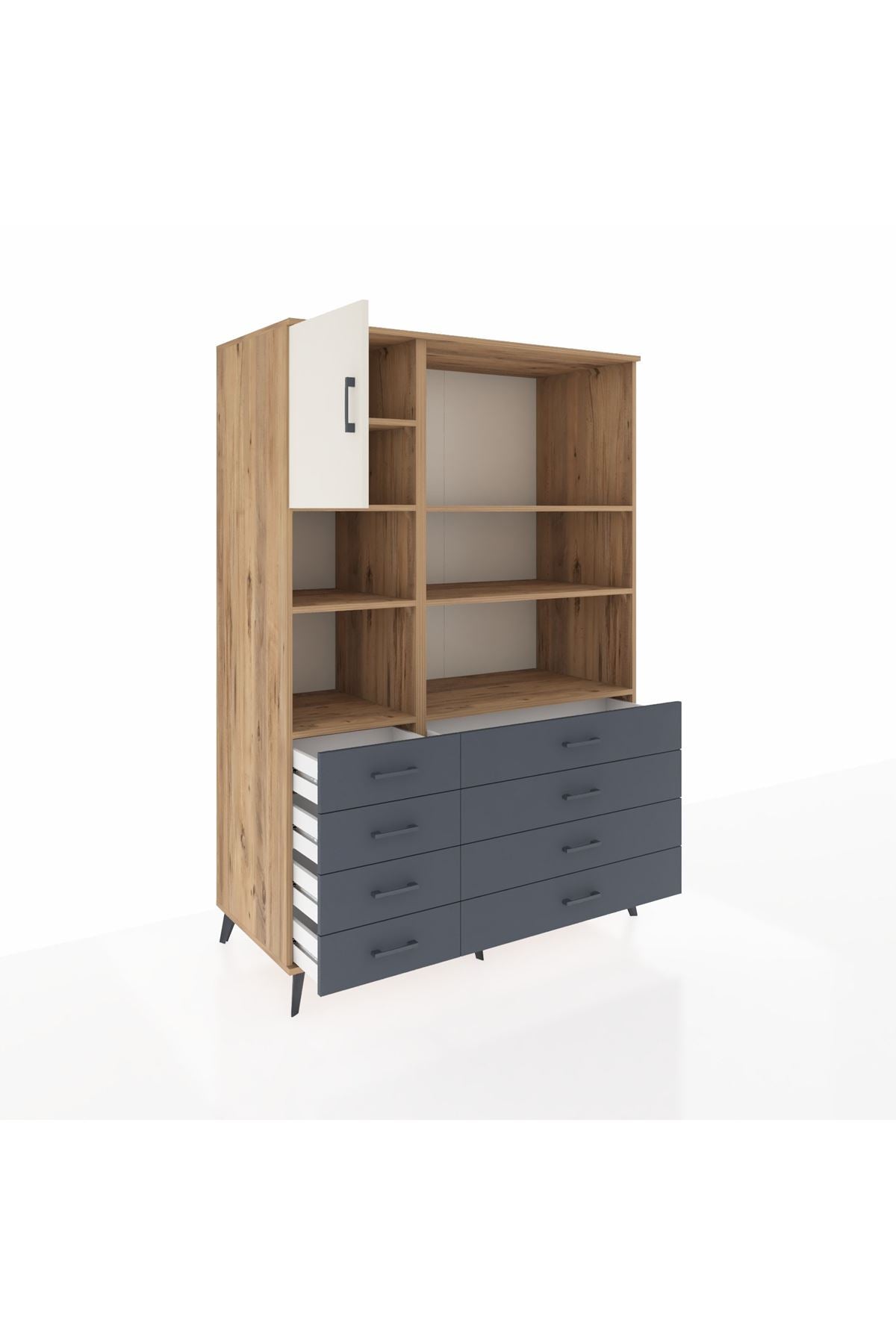 Kronos Dolap 7 Raflı 8 Çekmeceli Tek Kapaklı 132x59x195 Çam-Aytaşı/Antrasit