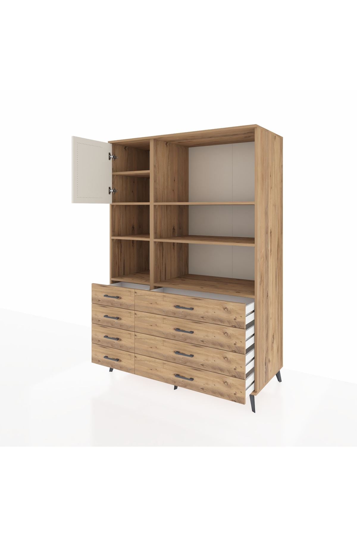 Kronos Dolap 7 Raflı 8 Çekmeceli Tek Kapaklı 132x59x195 Çam-Aytaşı/Çam