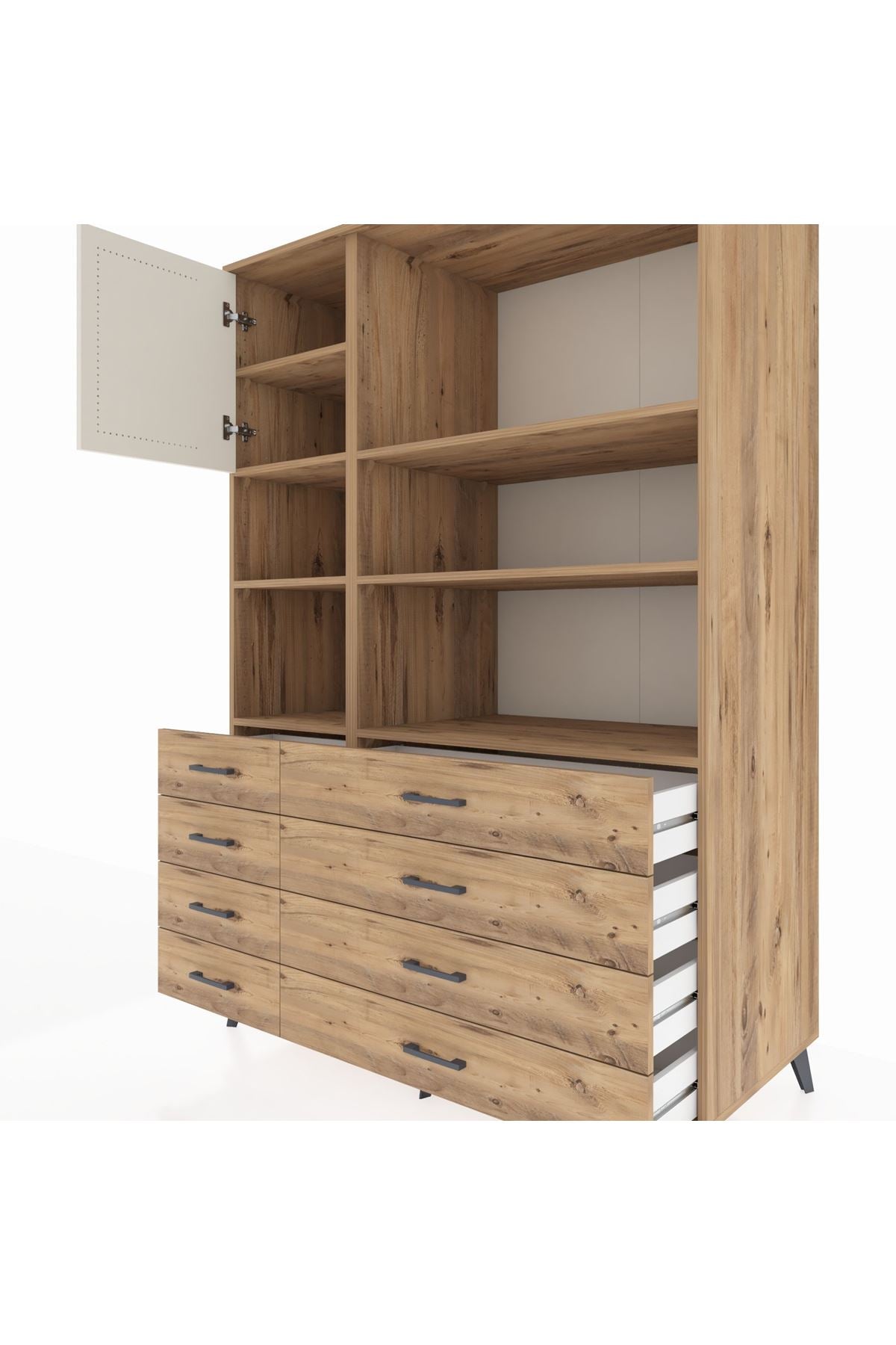 Kronos Dolap 7 Raflı 8 Çekmeceli Tek Kapaklı 132x59x195 Çam-Aytaşı/Çam