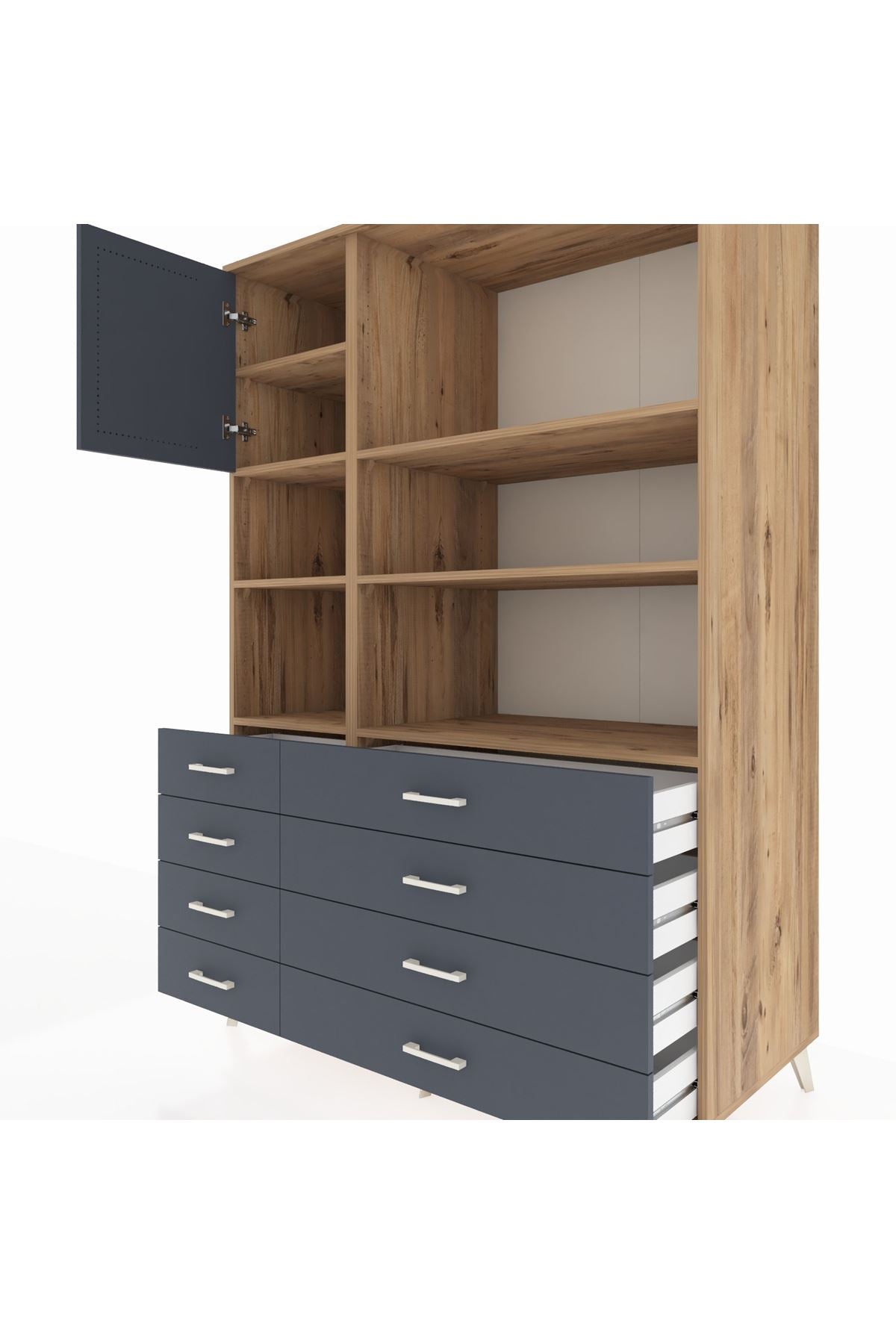 Kronos Dolap 7 Raflı 8 Çekmeceli Tek Kapaklı 132x59x195 Çam-Antrasit/Antrasit