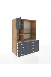 Kronos Dolap 7 Raflı 8 Çekmeceli Tek Kapaklı 132x59x195 Çam-Antrasit/Antrasit