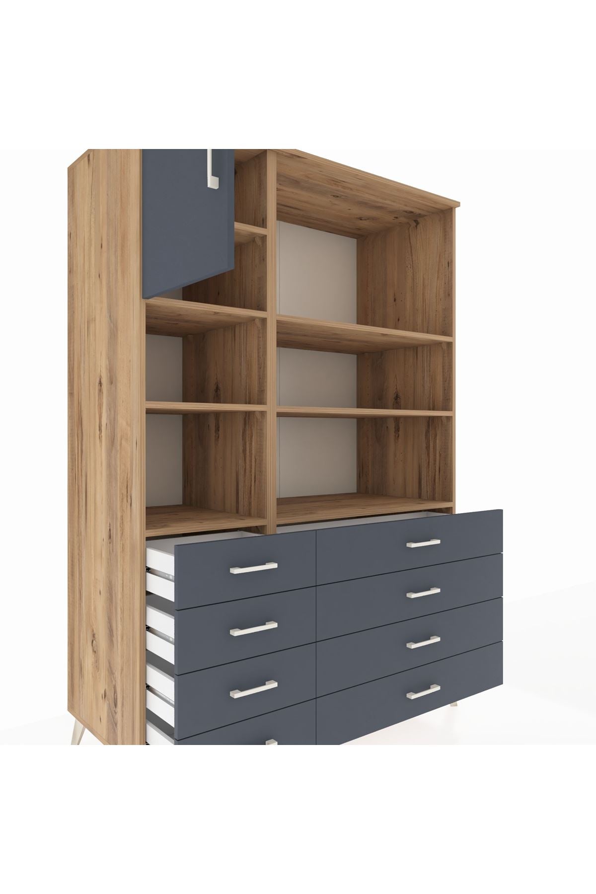 Kronos Dolap 7 Raflı 8 Çekmeceli Tek Kapaklı 132x59x195 Çam-Antrasit/Antrasit