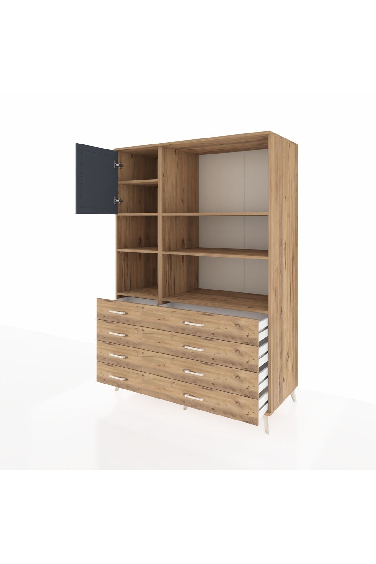 Kronos Dolap 7 Raflı 8 Çekmeceli Tek Kapaklı 132x59x195 Çam-Antrasit/Çam