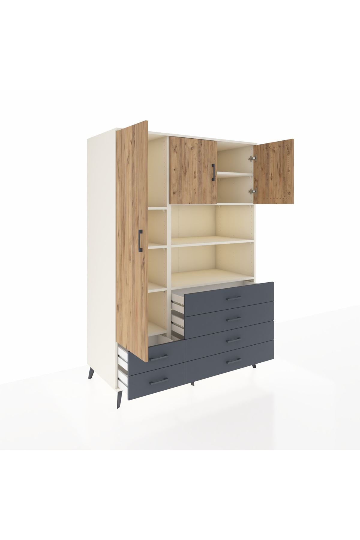 Kronos Dolap 8 Raflı 6 Çekmeceli 3 Kapaklı 132x59x195 Aytaşı-Çam/Antrasit