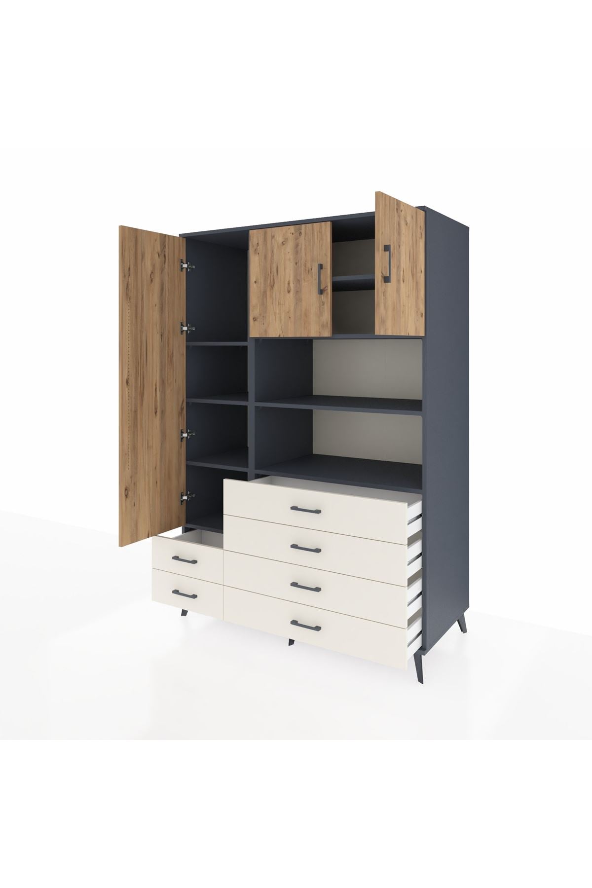 Kronos Dolap 8 Raflı 6 Çekmeceli 3 Kapaklı 132x59x195 Antrasit-Çam/Aytaşı