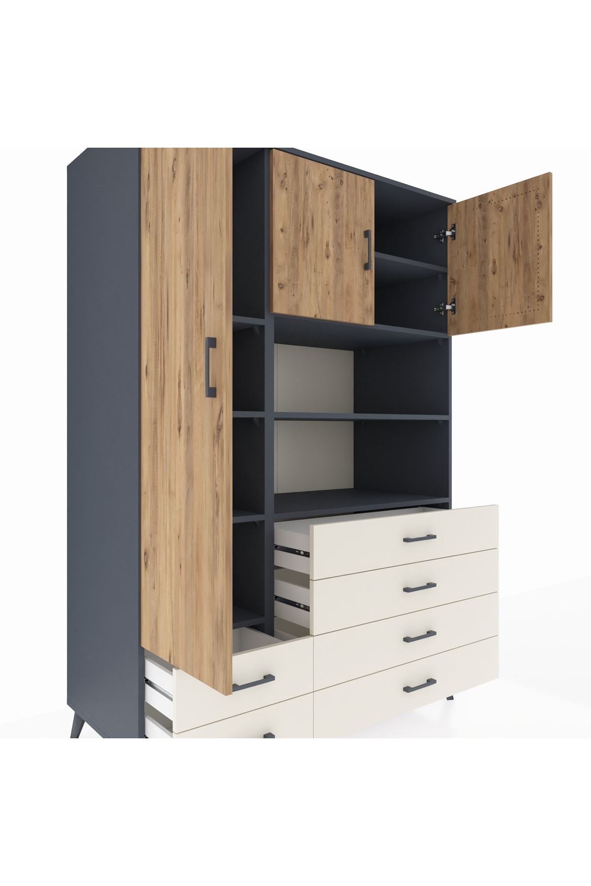 Kronos Dolap 8 Raflı 6 Çekmeceli 3 Kapaklı 132x59x195 Antrasit-Çam/Aytaşı