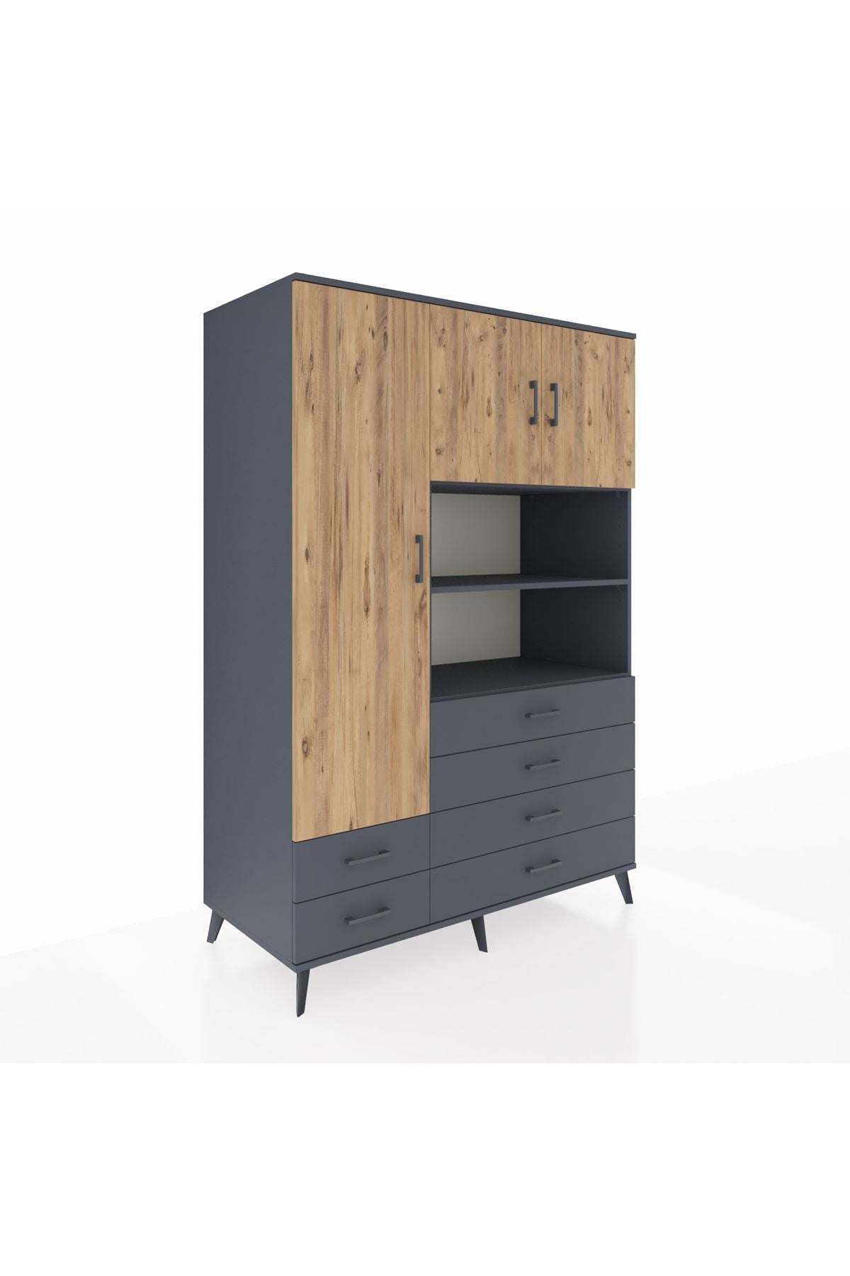 Kronos Dolap 8 Raflı 6 Çekmeceli 3 Kapaklı 132x59x195 Antrasit-Çam/Antrasit