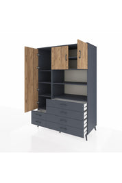 Kronos Dolap 8 Raflı 6 Çekmeceli 3 Kapaklı 132x59x195 Antrasit-Çam/Antrasit