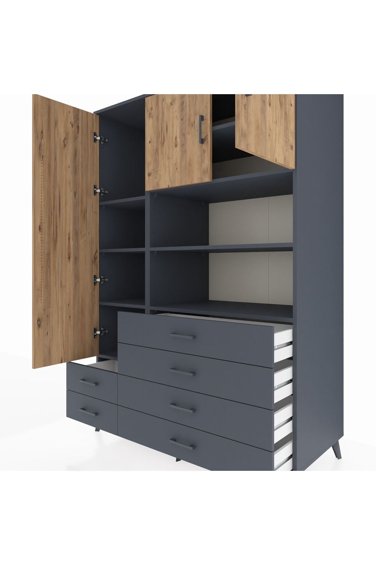 Kronos Dolap 8 Raflı 6 Çekmeceli 3 Kapaklı 132x59x195 Antrasit-Çam/Antrasit