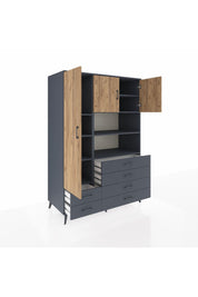 Kronos Dolap 8 Raflı 6 Çekmeceli 3 Kapaklı 132x59x195 Antrasit-Çam/Antrasit