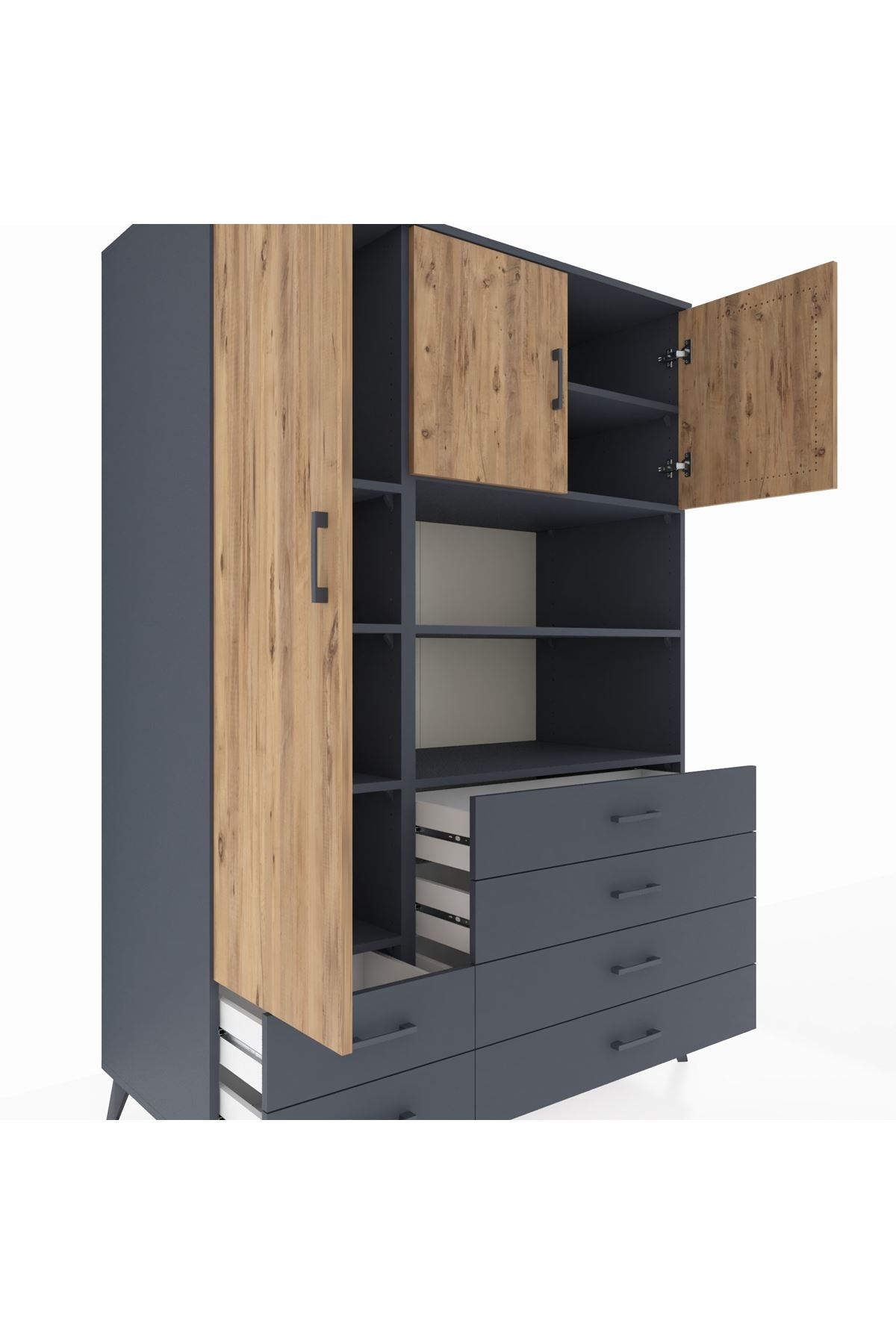 Kronos Dolap 8 Raflı 6 Çekmeceli 3 Kapaklı 132x59x195 Antrasit-Çam/Antrasit