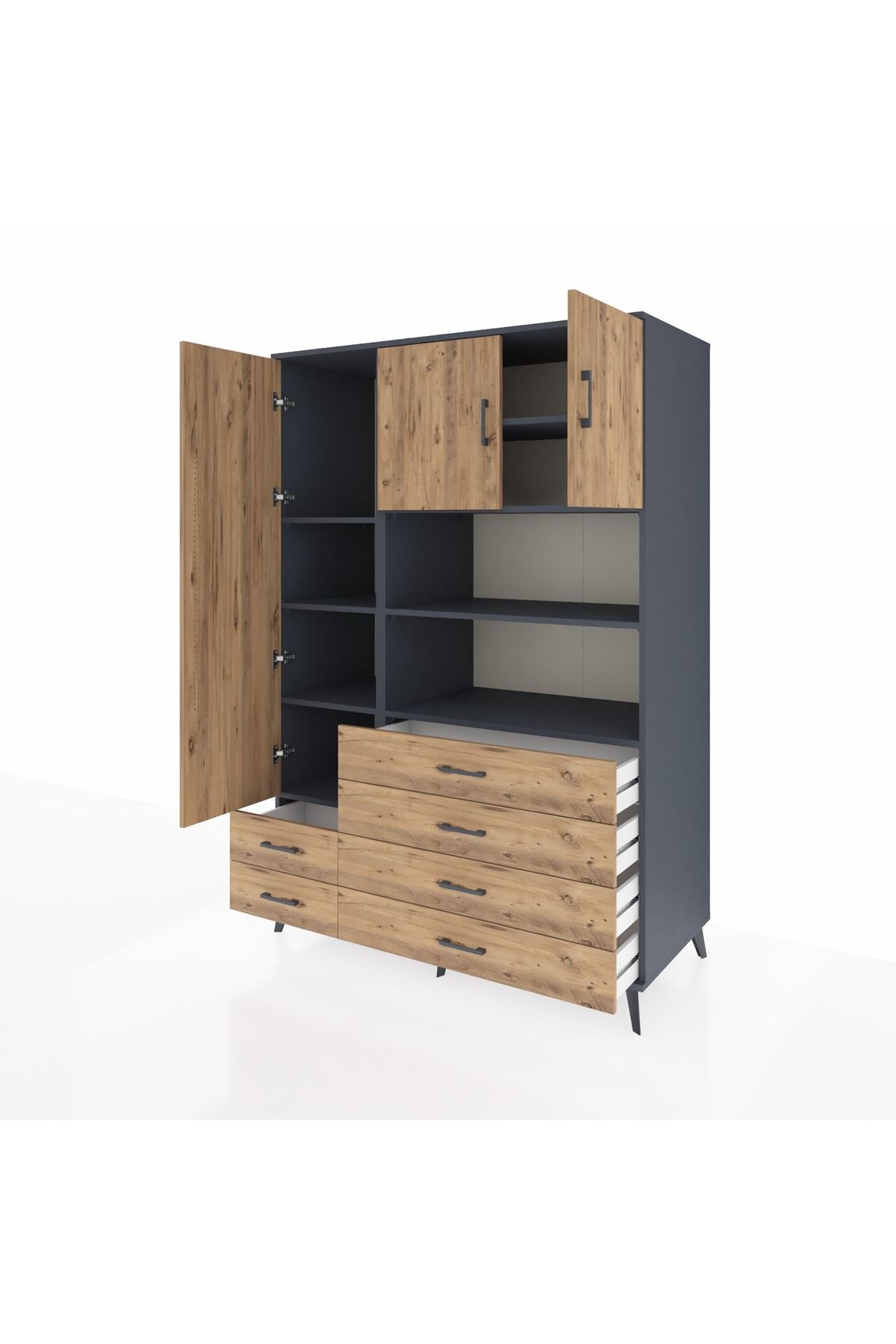 Kronos Dolap 8 Raflı 6 Çekmeceli 3 Kapaklı 132x59x195 Antrasit-Çam/Çam