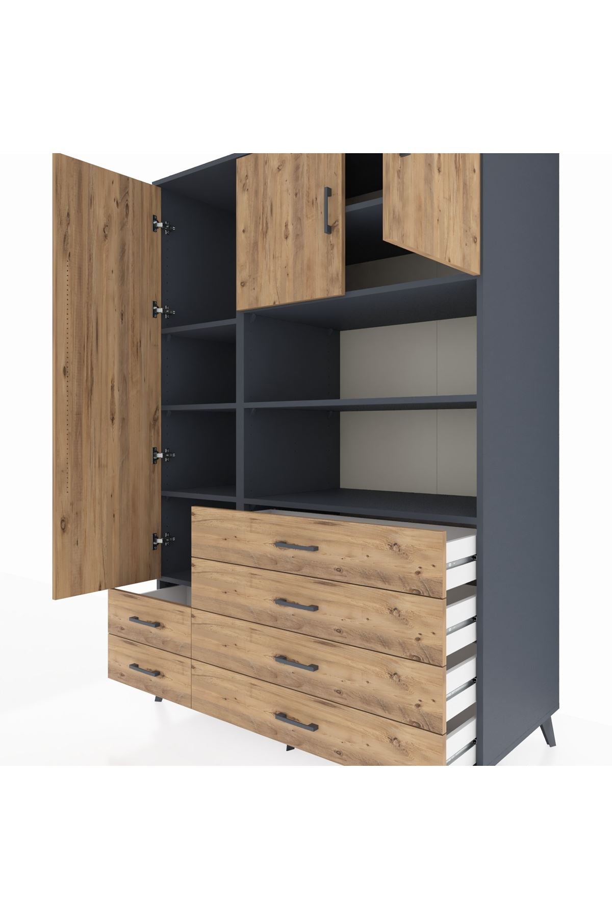 Kronos Dolap 8 Raflı 6 Çekmeceli 3 Kapaklı 132x59x195 Antrasit-Çam/Çam