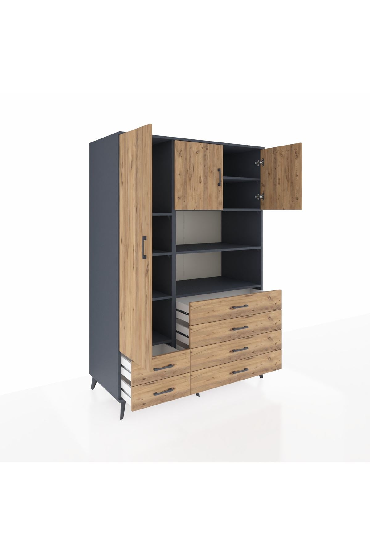 Kronos Dolap 8 Raflı 6 Çekmeceli 3 Kapaklı 132x59x195 Antrasit-Çam/Çam