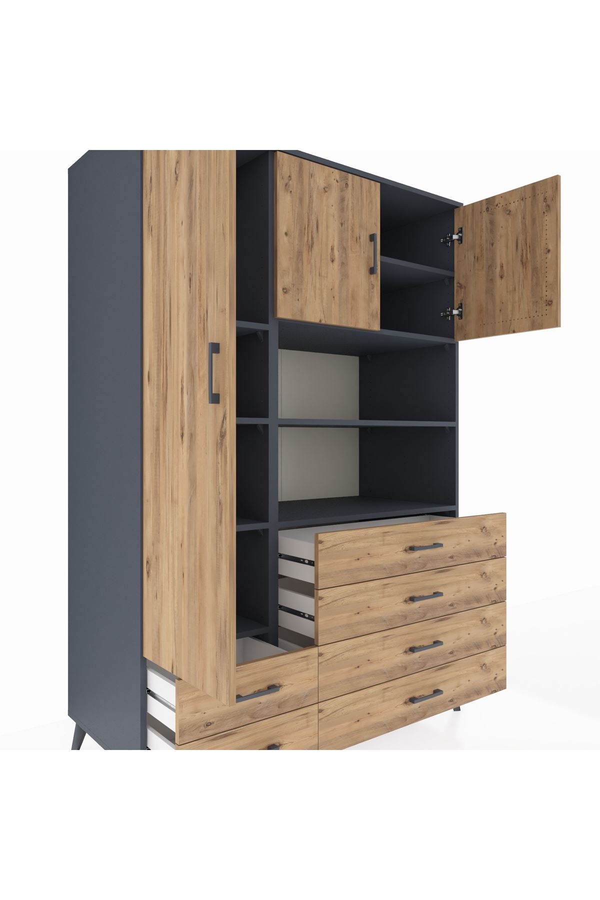 Kronos Dolap 8 Raflı 6 Çekmeceli 3 Kapaklı 132x59x195 Antrasit-Çam/Çam