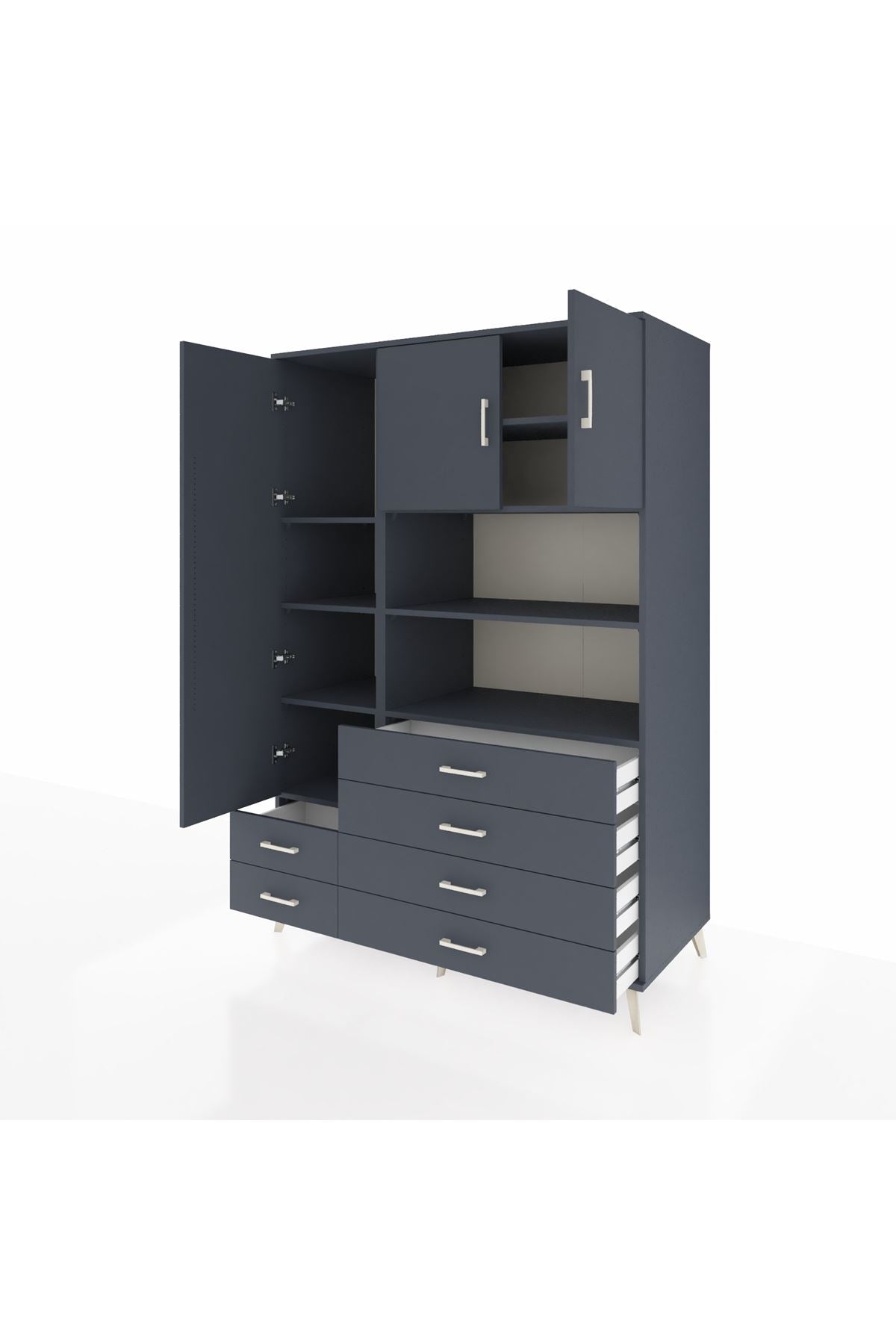 Kronos Dolap 8 Raflı 6 Çekmeceli 3 Kapaklı 132x59x195 Antrasit-Antrasit/Antrasit