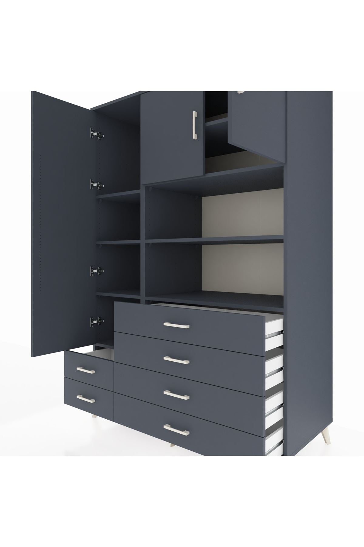 Kronos Dolap 8 Raflı 6 Çekmeceli 3 Kapaklı 132x59x195 Antrasit-Antrasit/Antrasit