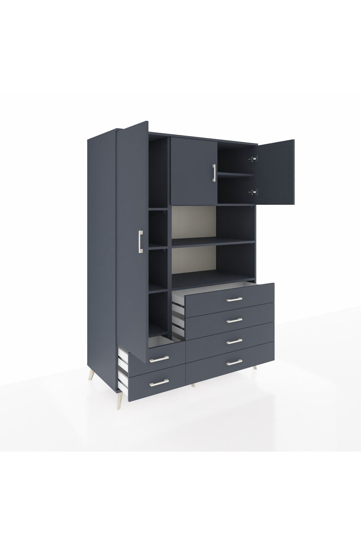 Kronos Dolap 8 Raflı 6 Çekmeceli 3 Kapaklı 132x59x195 Antrasit-Antrasit/Antrasit