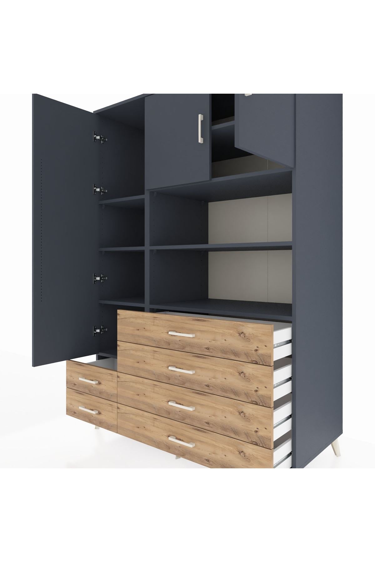 Kronos Dolap 8 Raflı 6 Çekmeceli 3 Kapaklı 132x59x195 Antrasit-Antrasit/Çam