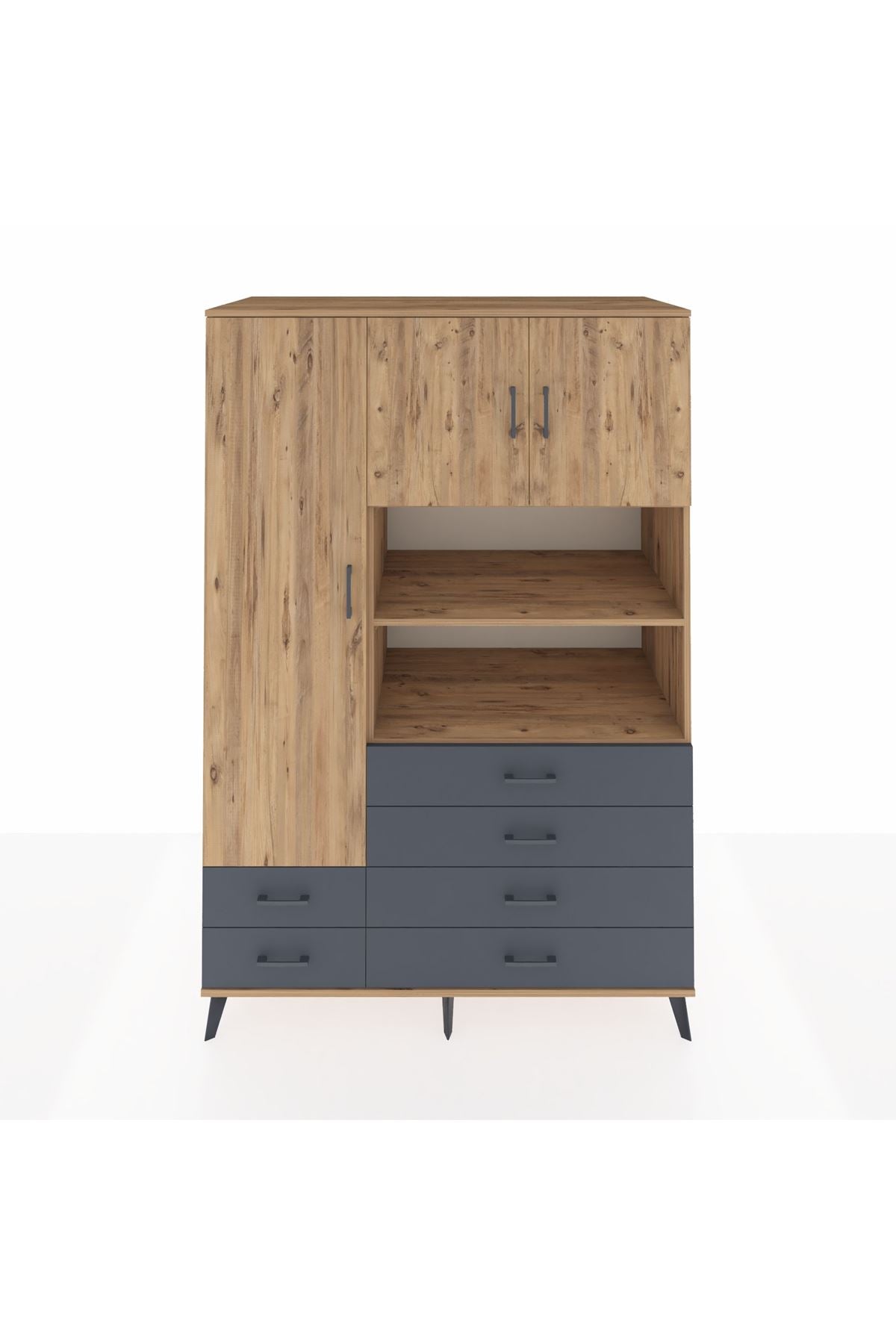 Kronos Dolap 8 Raflı 6 Çekmeceli 3 Kapaklı 132x59x195 Çam-Çam/Antrasit