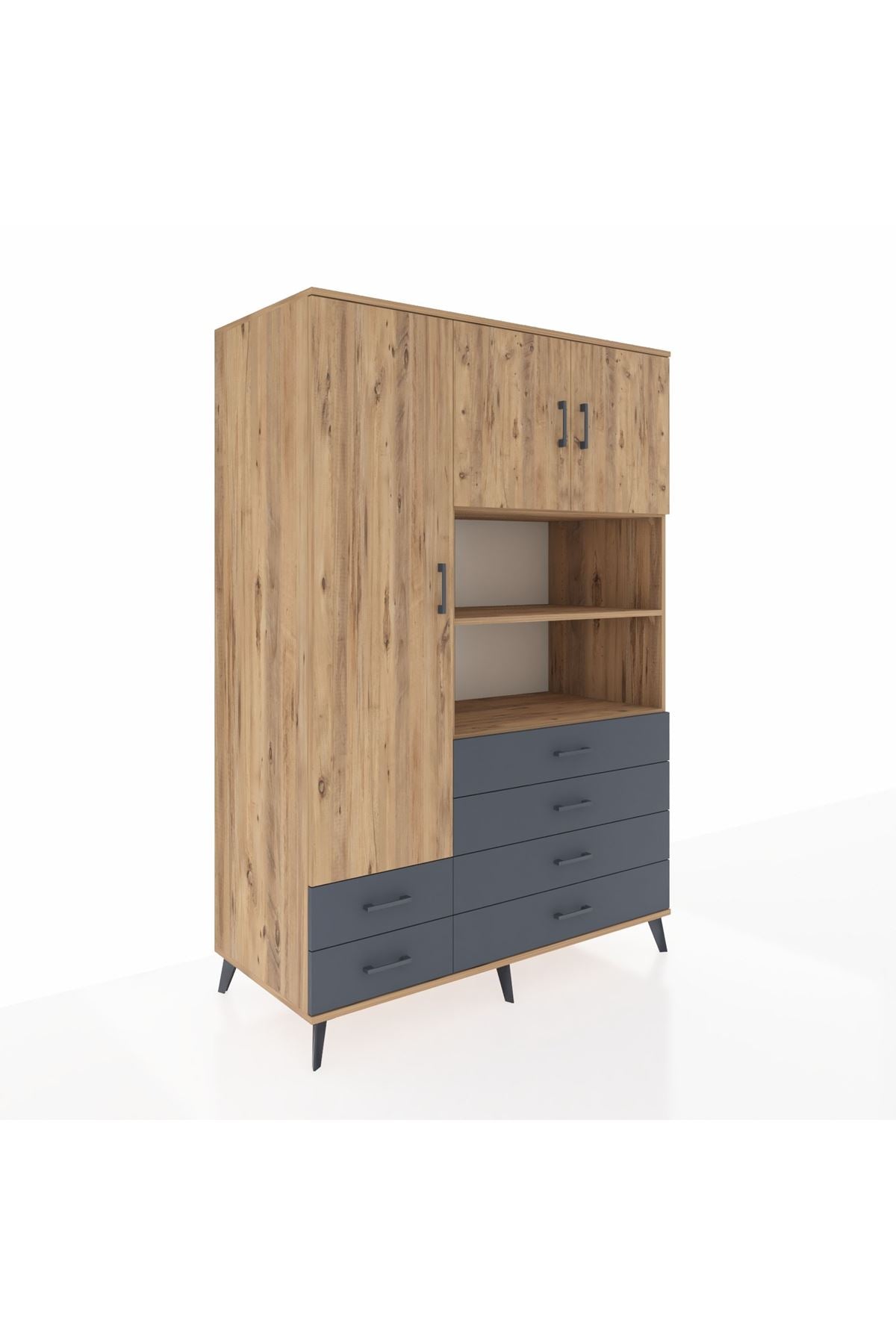 Kronos Dolap 8 Raflı 6 Çekmeceli 3 Kapaklı 132x59x195 Çam-Çam/Antrasit