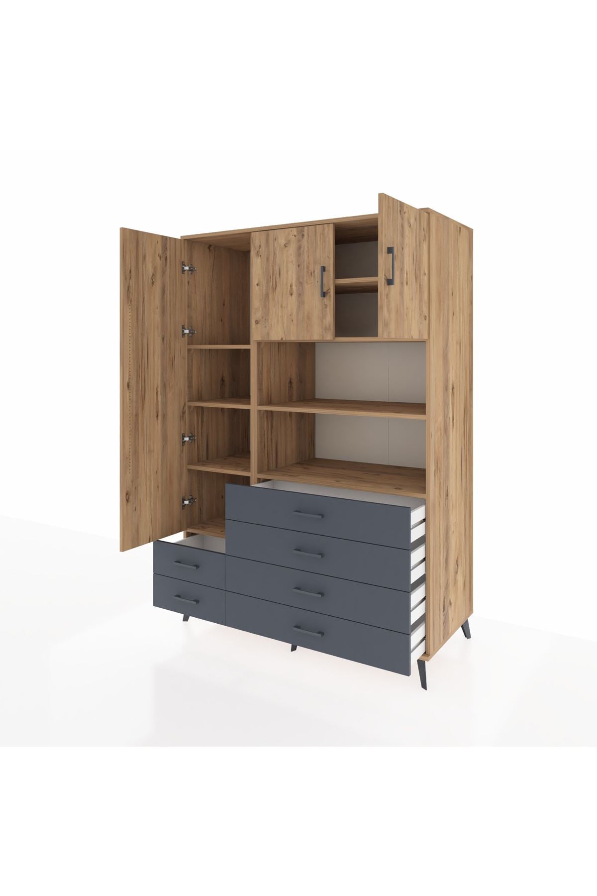 Kronos Dolap 8 Raflı 6 Çekmeceli 3 Kapaklı 132x59x195 Çam-Çam/Antrasit