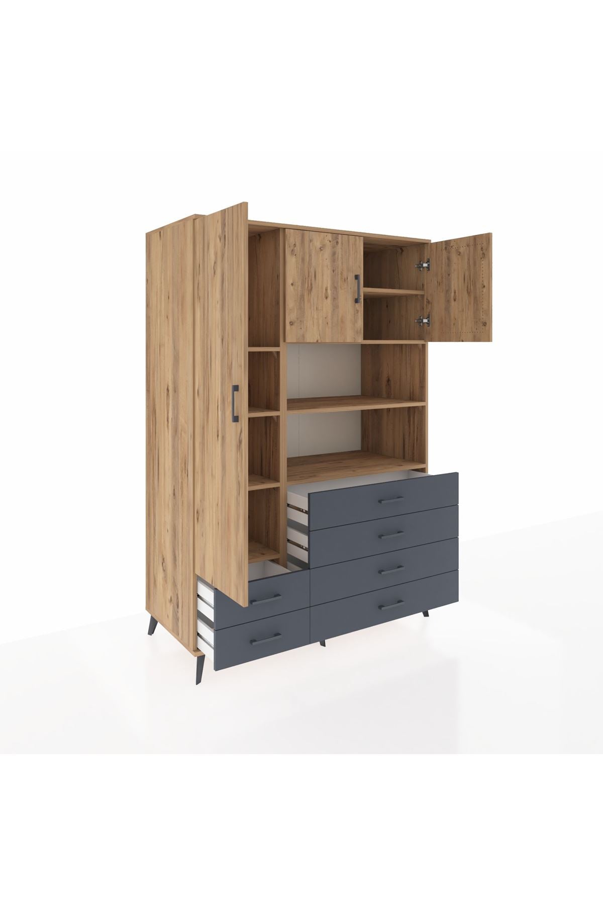 Kronos Dolap 8 Raflı 6 Çekmeceli 3 Kapaklı 132x59x195 Çam-Çam/Antrasit