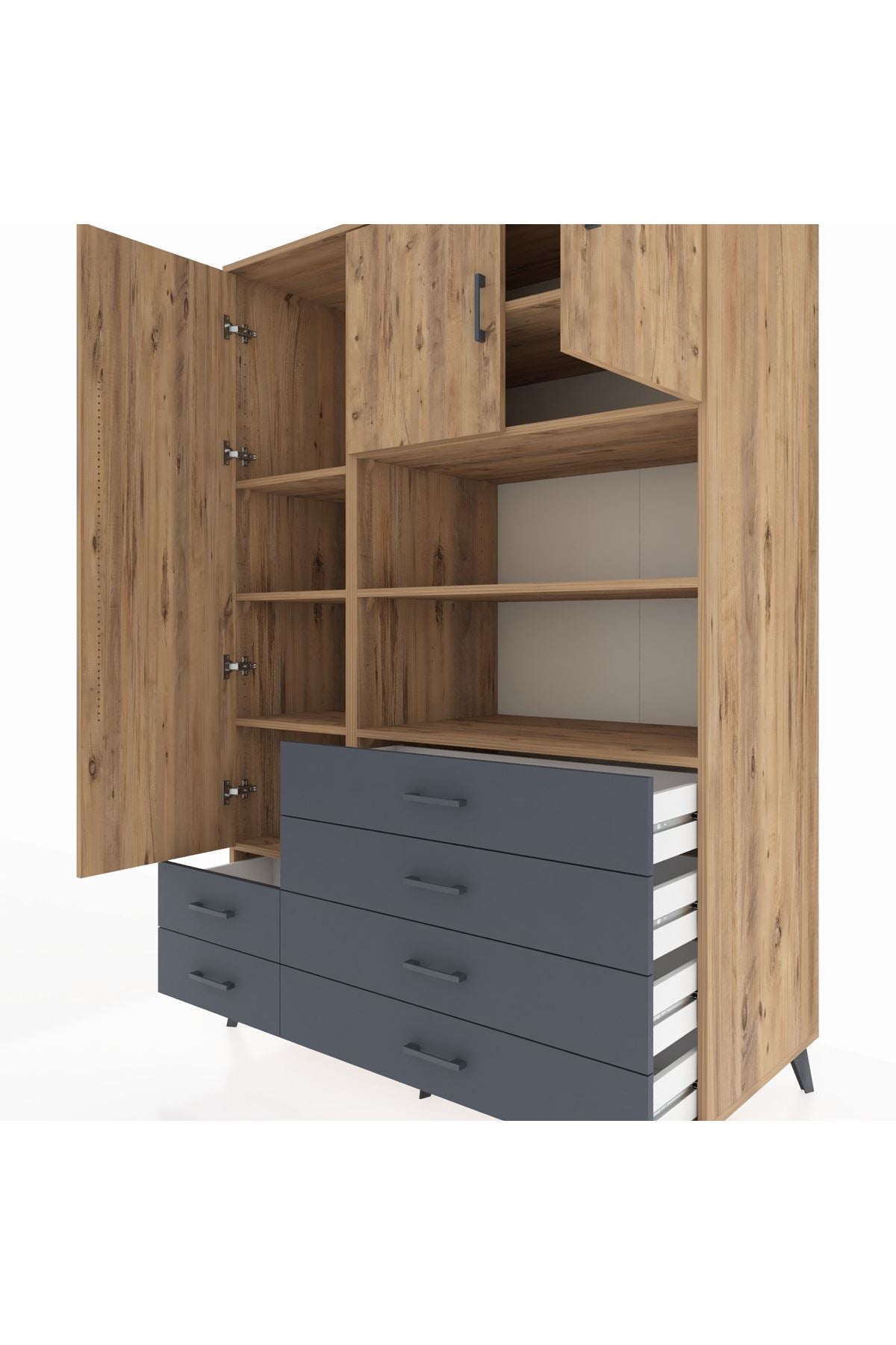 Kronos Dolap 8 Raflı 6 Çekmeceli 3 Kapaklı 132x59x195 Çam-Çam/Antrasit