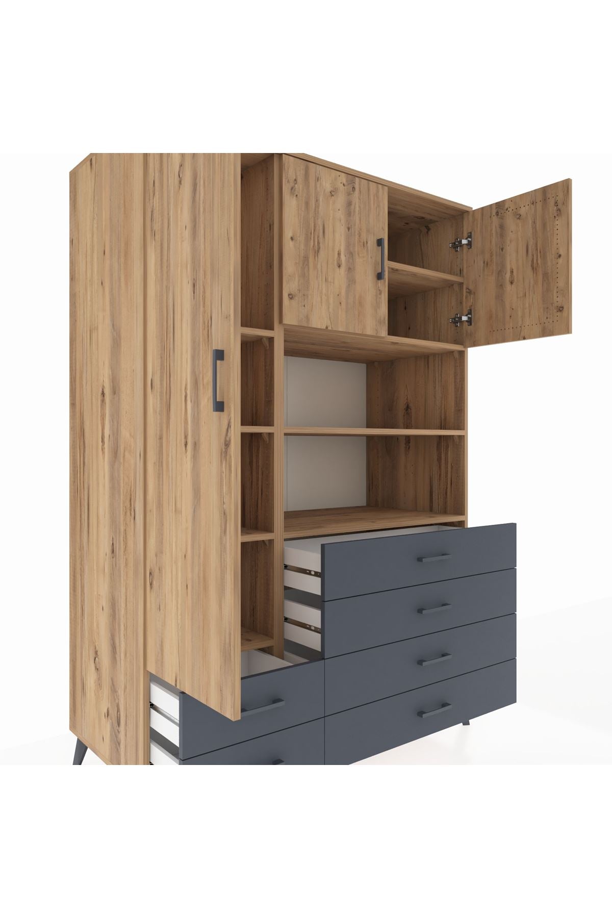 Kronos Dolap 8 Raflı 6 Çekmeceli 3 Kapaklı 132x59x195 Çam-Çam/Antrasit