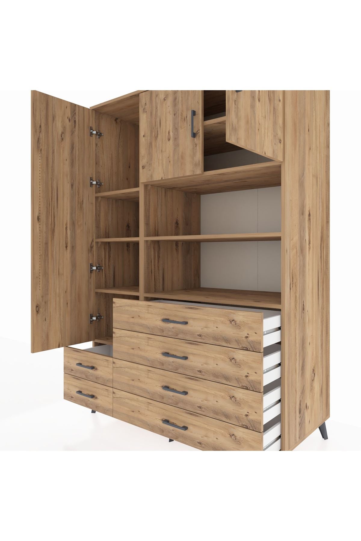 Kronos Dolap 8 Raflı 6 Çekmeceli 3 Kapaklı 132x59x195 Çam-Çam/Çam