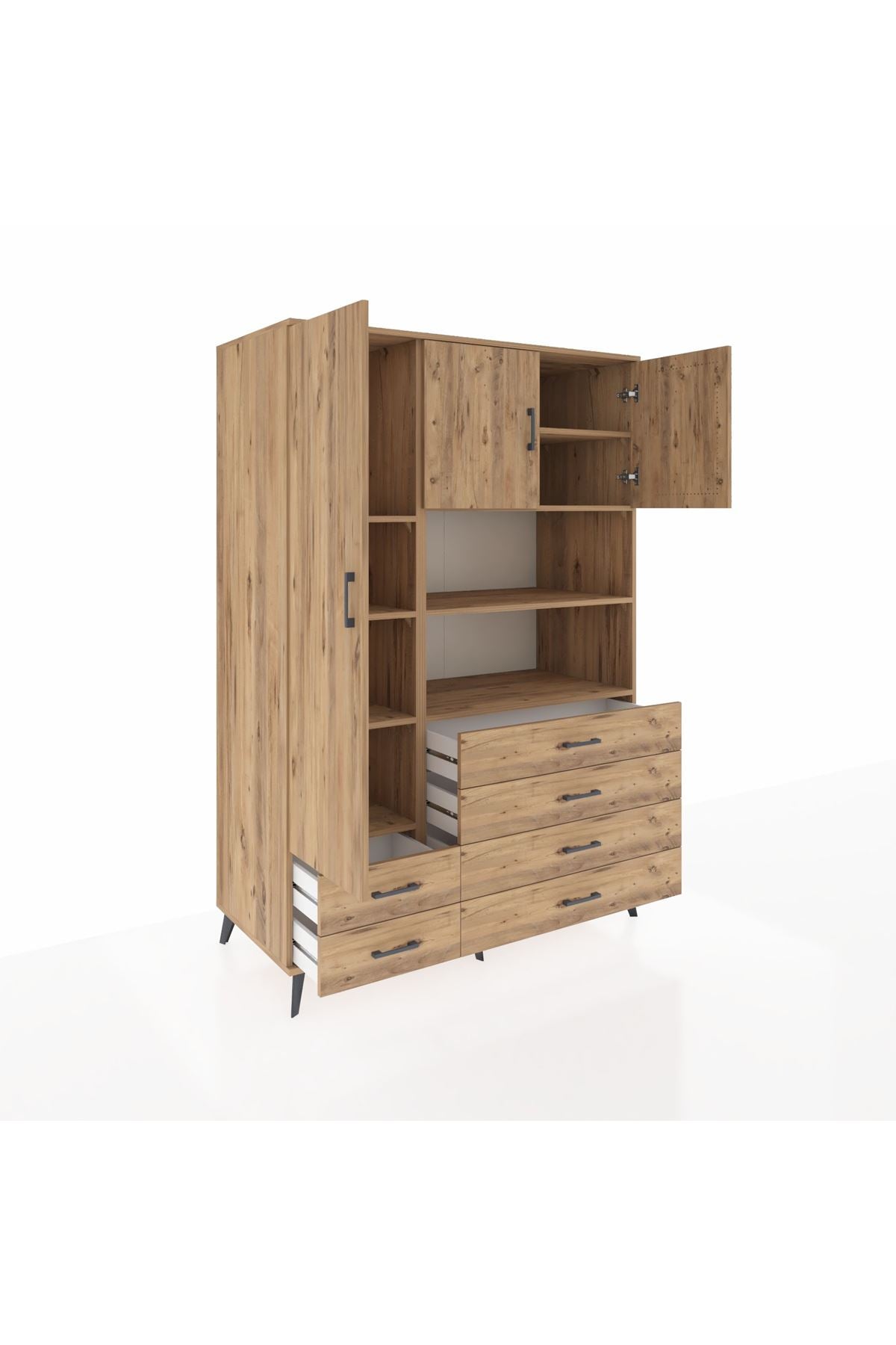 Kronos Dolap 8 Raflı 6 Çekmeceli 3 Kapaklı 132x59x195 Çam-Çam/Çam