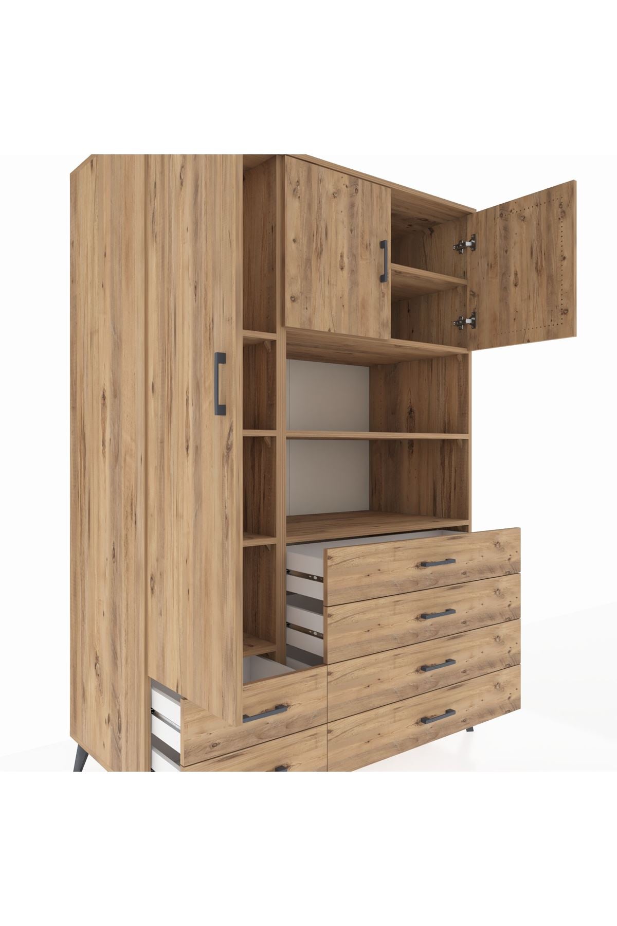 Kronos Dolap 8 Raflı 6 Çekmeceli 3 Kapaklı 132x59x195 Çam-Çam/Çam