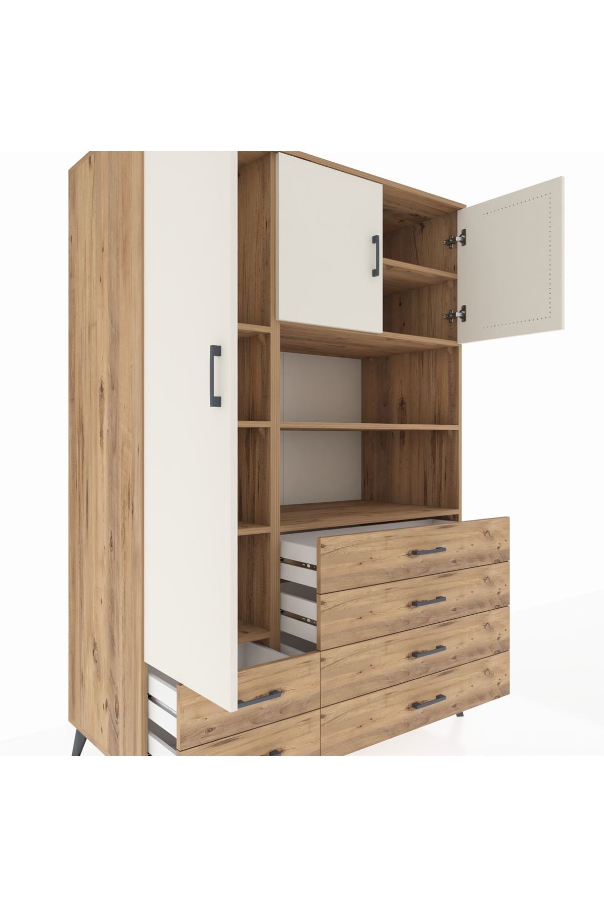 Kronos Dolap 8 Raflı 6 Çekmeceli 3 Kapaklı 132x59x195 Çam-Aytaşı/Çam