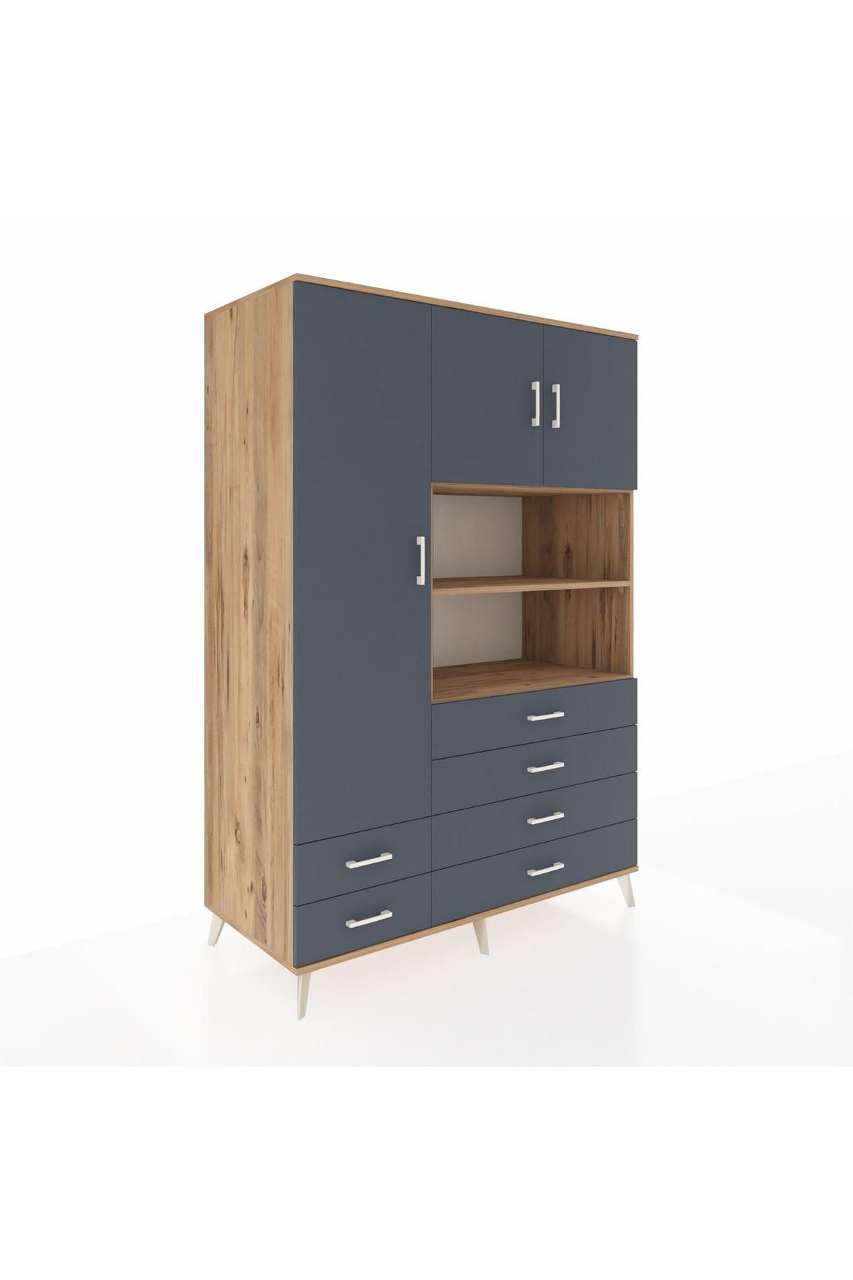 Kronos Dolap 8 Raflı 6 Çekmeceli 3 Kapaklı 132x59x195 Çam-Antrasit/Antrasit