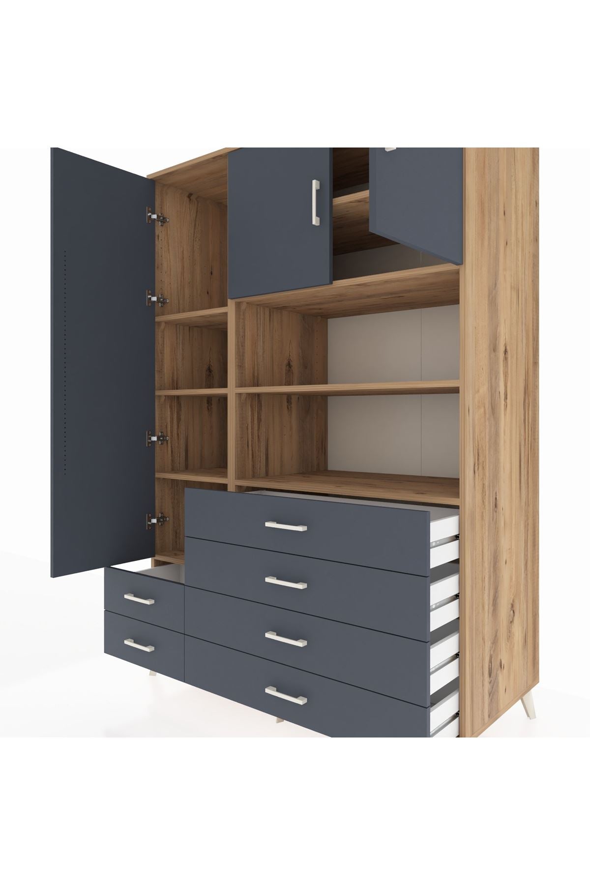 Kronos Dolap 8 Raflı 6 Çekmeceli 3 Kapaklı 132x59x195 Çam-Antrasit/Antrasit