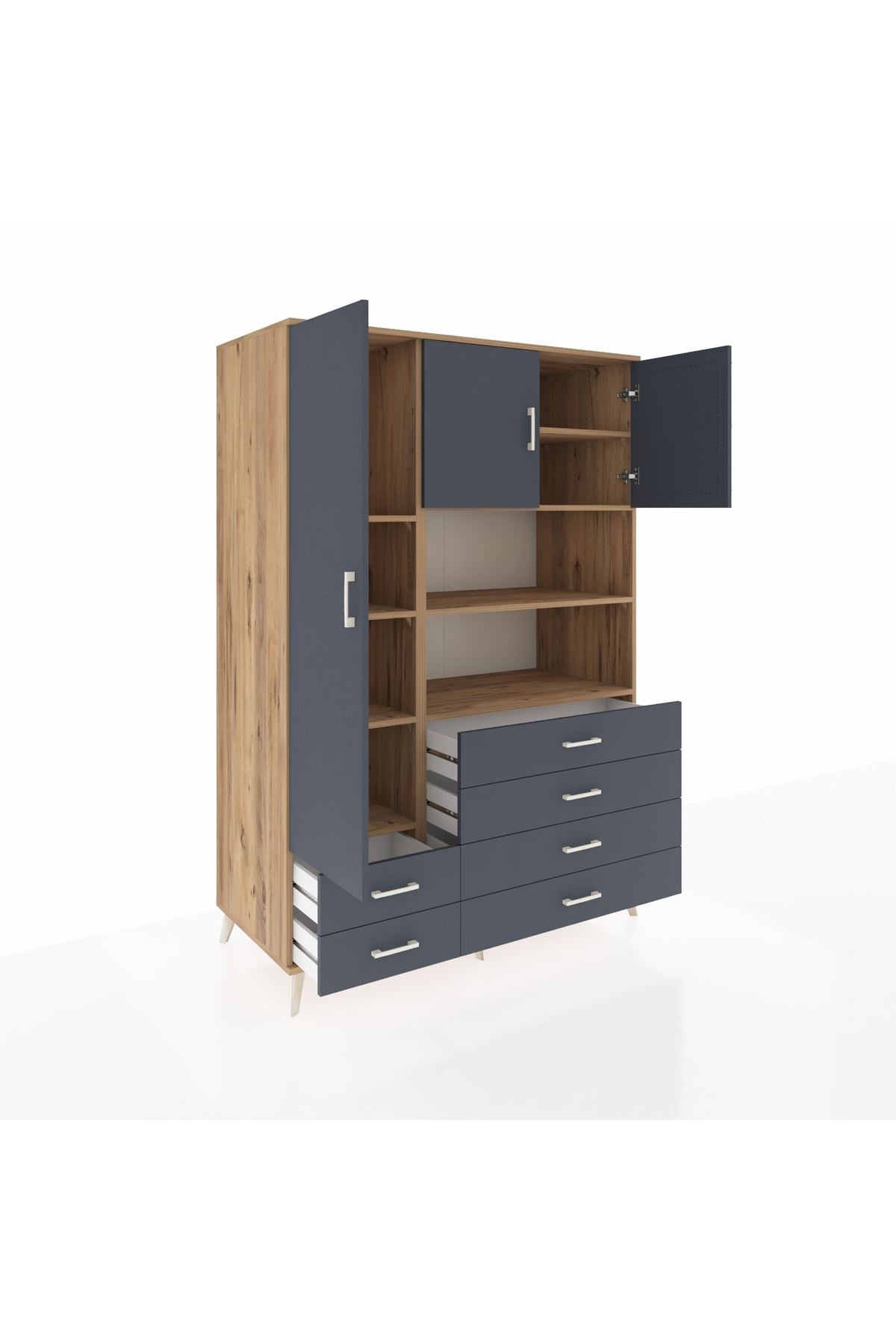 Kronos Dolap 8 Raflı 6 Çekmeceli 3 Kapaklı 132x59x195 Çam-Antrasit/Antrasit