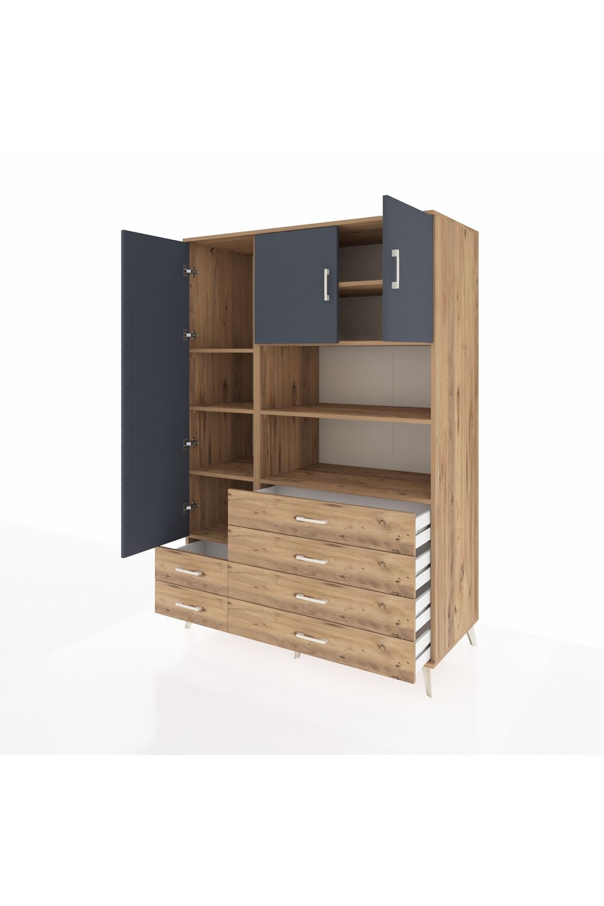 Kronos Dolap 8 Raflı 6 Çekmeceli 3 Kapaklı 132x59x195 Çam-Antrasit/Çam