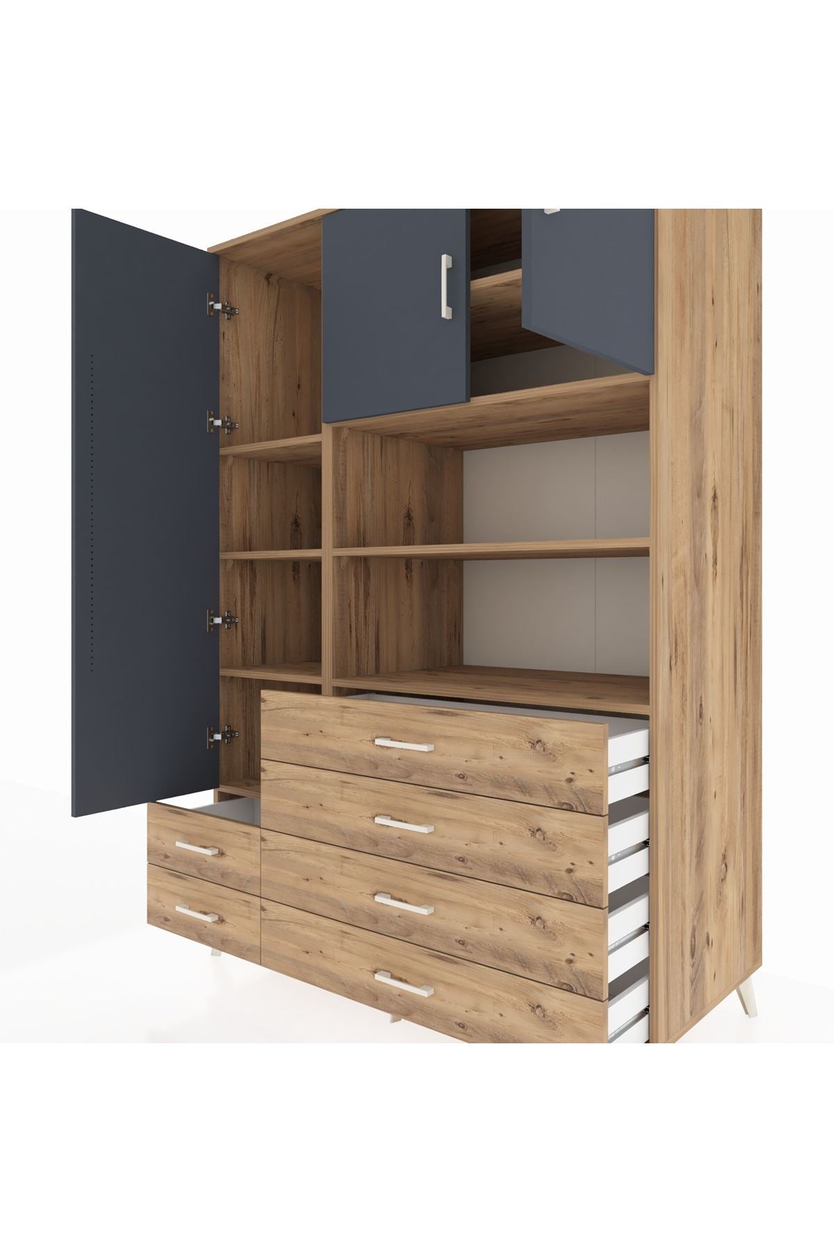 Kronos Dolap 8 Raflı 6 Çekmeceli 3 Kapaklı 132x59x195 Çam-Antrasit/Çam