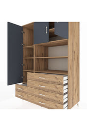 Kronos Dolap 8 Raflı 6 Çekmeceli 3 Kapaklı 132x59x195 Çam-Antrasit/Çam