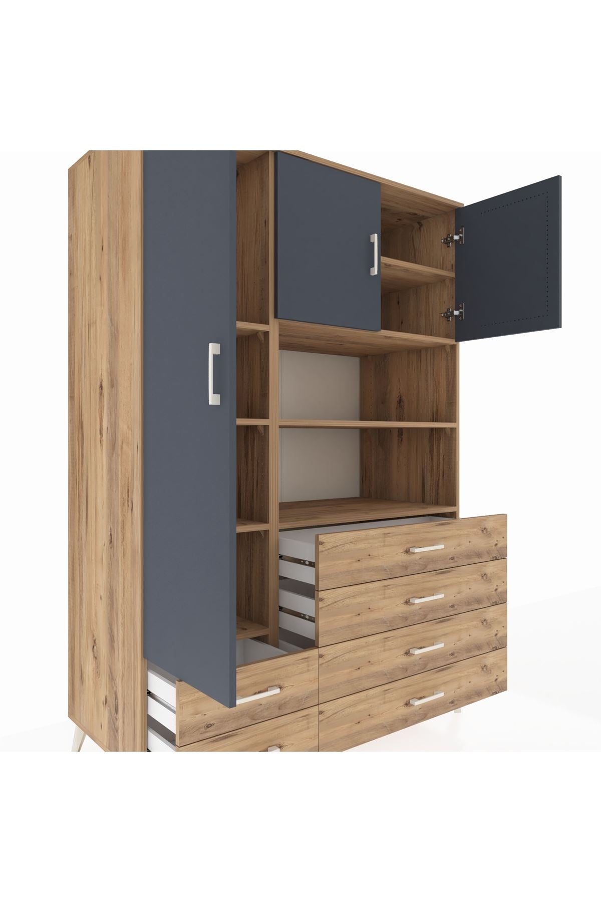 Kronos Dolap 8 Raflı 6 Çekmeceli 3 Kapaklı 132x59x195 Çam-Antrasit/Çam