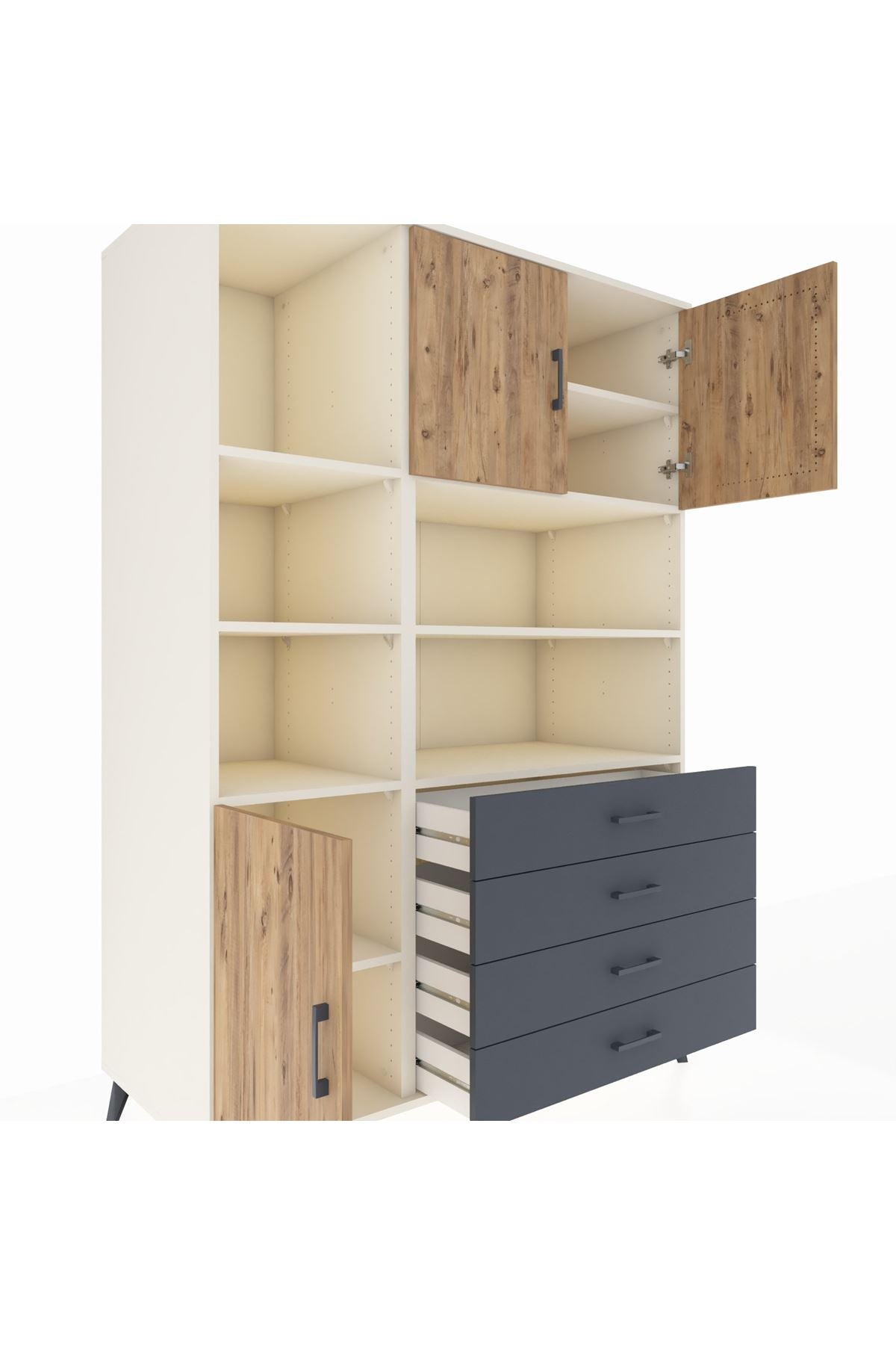 Kronos Dolap 8 Raflı 4 Çekmeceli 3 Kapaklı 132x59x195 Aytaşı-Çam/Antrasit