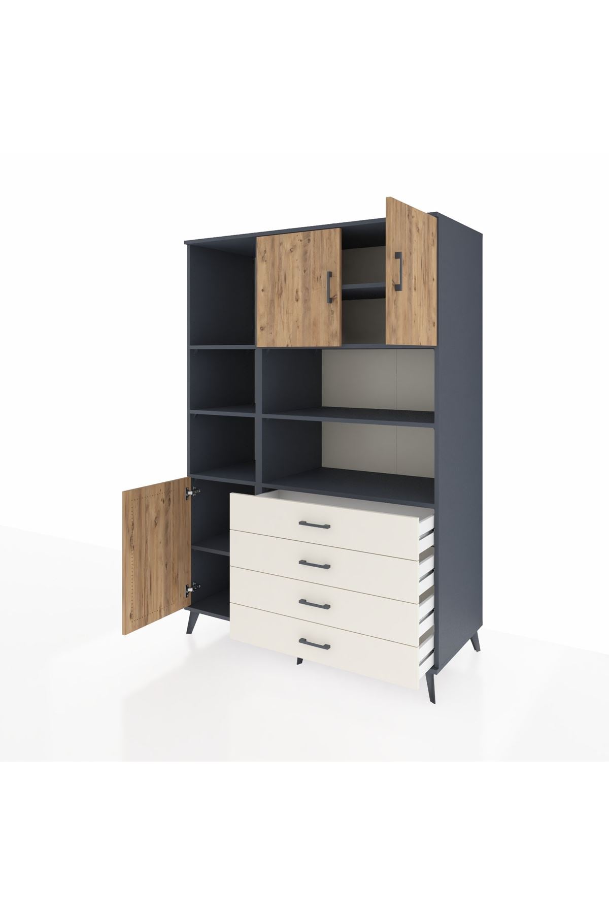 Kronos Dolap 8 Raflı 4 Çekmeceli 3 Kapaklı 132x59x195 Antrasit-Çam/Aytaşı