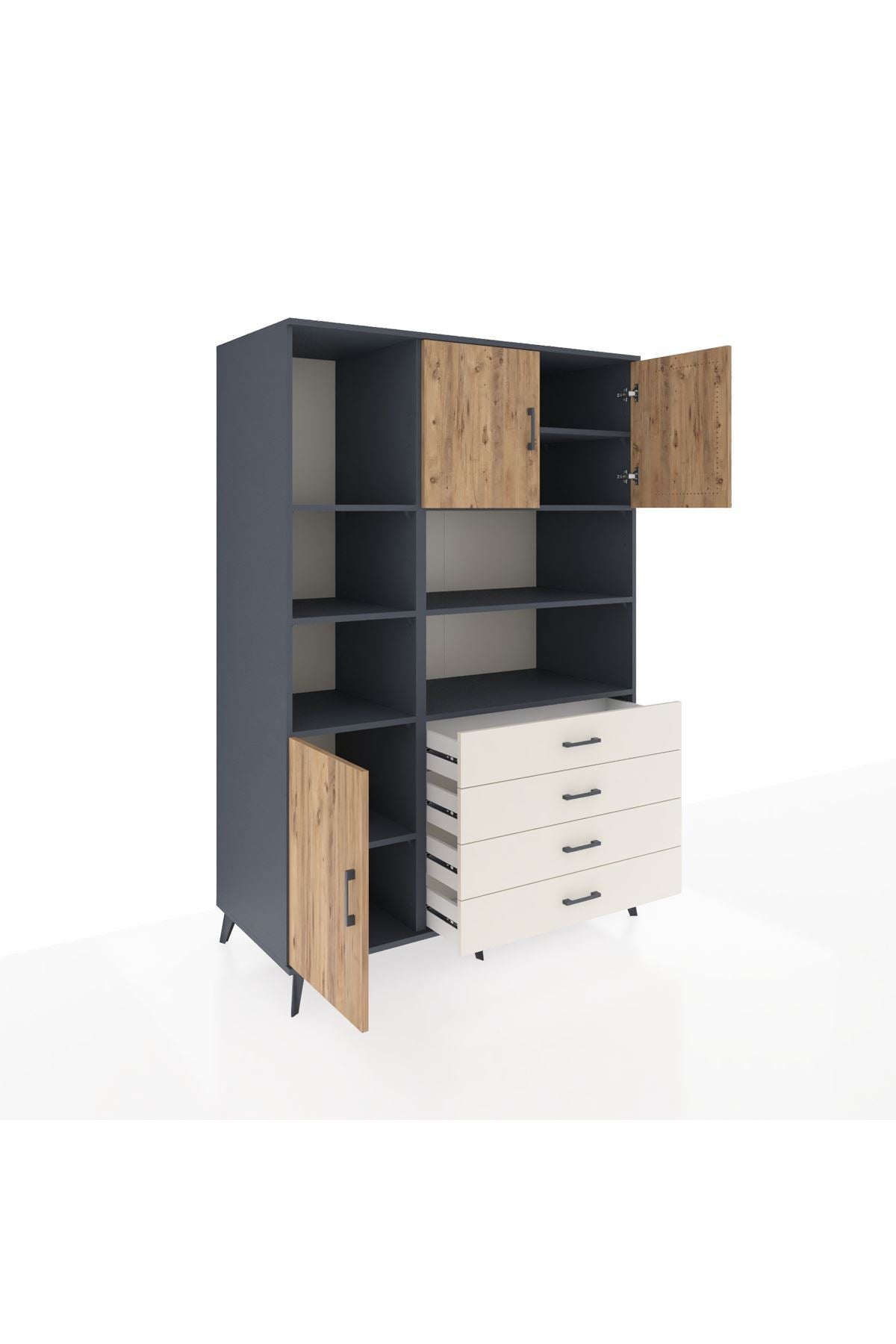 Kronos Dolap 8 Raflı 4 Çekmeceli 3 Kapaklı 132x59x195 Antrasit-Çam/Aytaşı