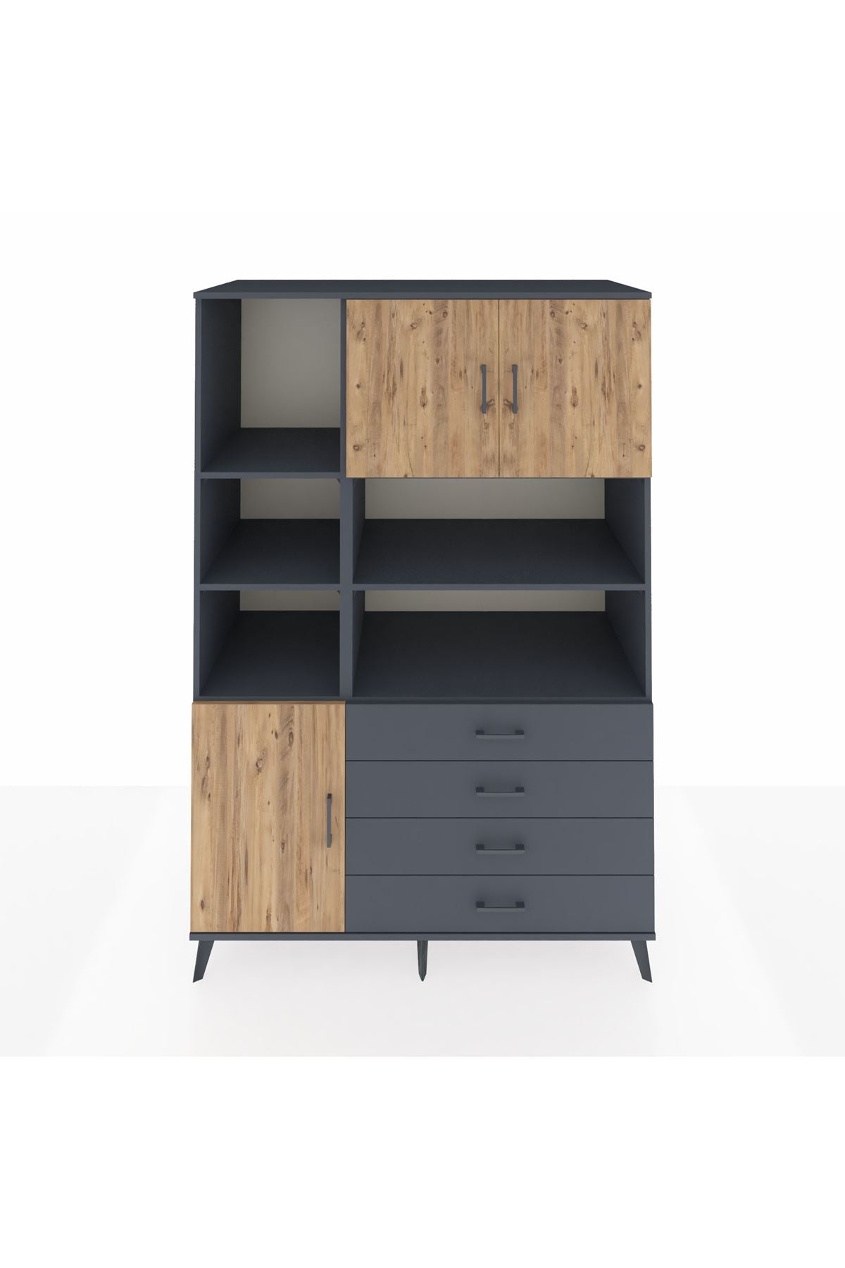 Kronos Dolap 8 Raflı 4 Çekmeceli 3 Kapaklı 132x59x195 Antrasit-Çam/Antrasit