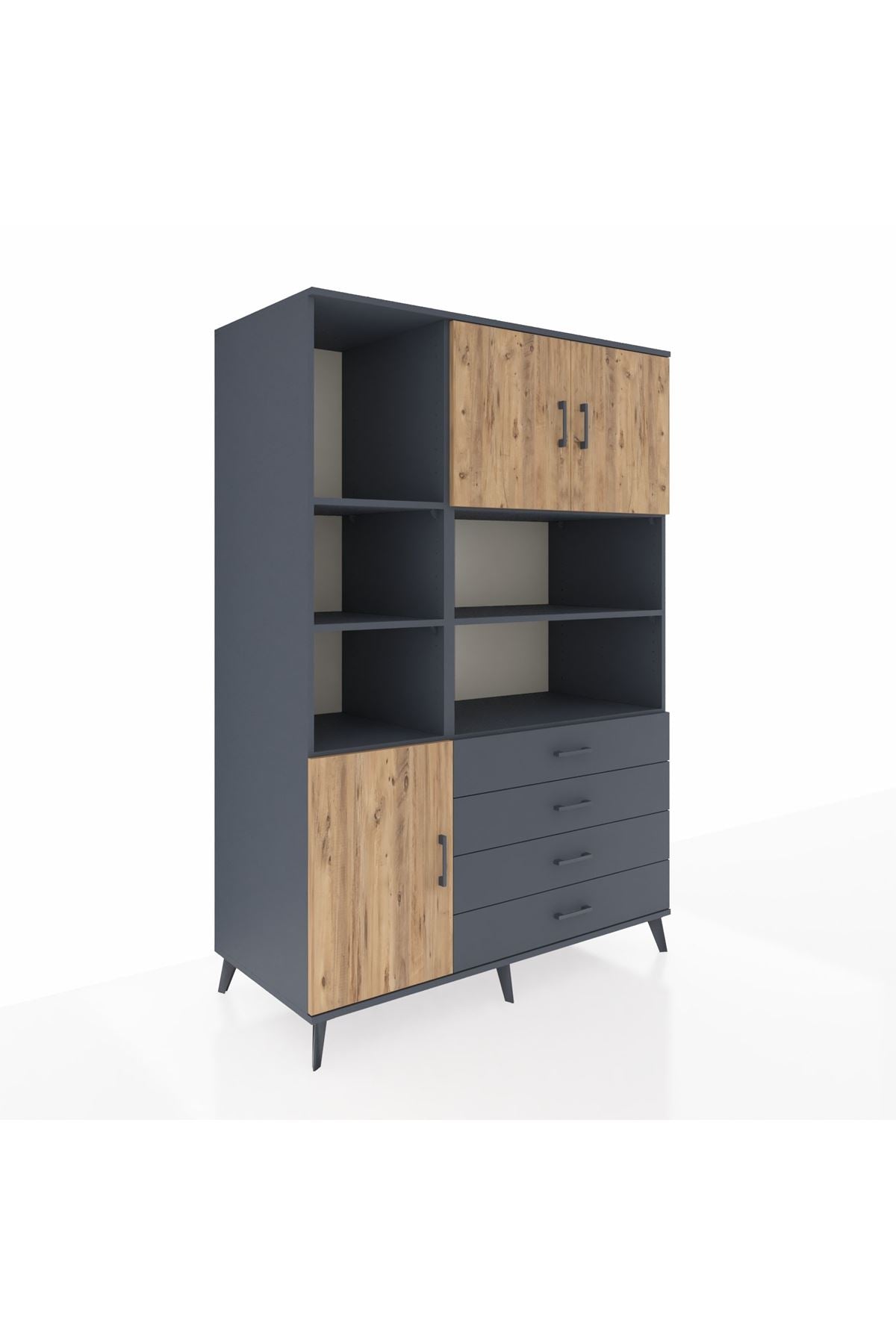 Kronos Dolap 8 Raflı 4 Çekmeceli 3 Kapaklı 132x59x195 Antrasit-Çam/Antrasit