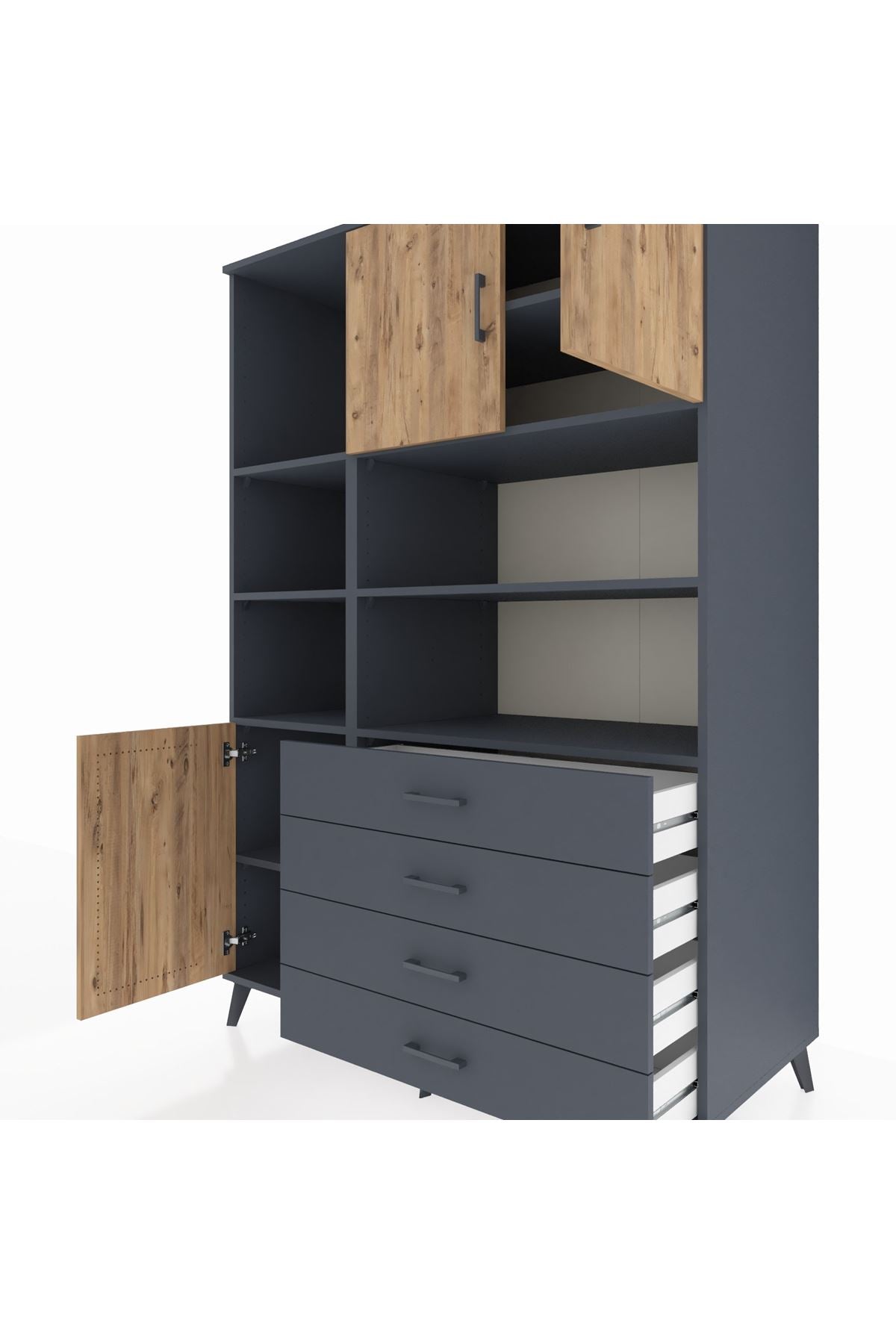 Kronos Dolap 8 Raflı 4 Çekmeceli 3 Kapaklı 132x59x195 Antrasit-Çam/Antrasit