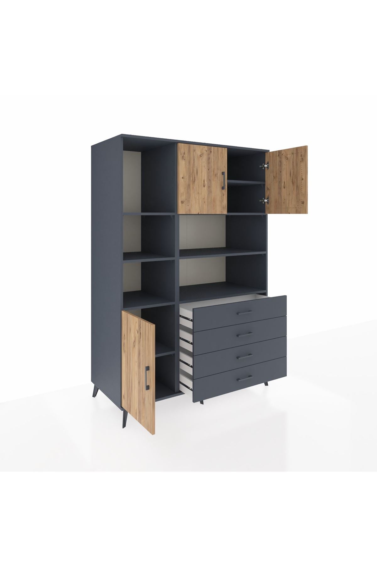 Kronos Dolap 8 Raflı 4 Çekmeceli 3 Kapaklı 132x59x195 Antrasit-Çam/Antrasit